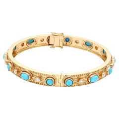 Real Oval Turquoise Gemstone Bracelet Diamond Solid 18k Yellow Gold Fine Jewelry