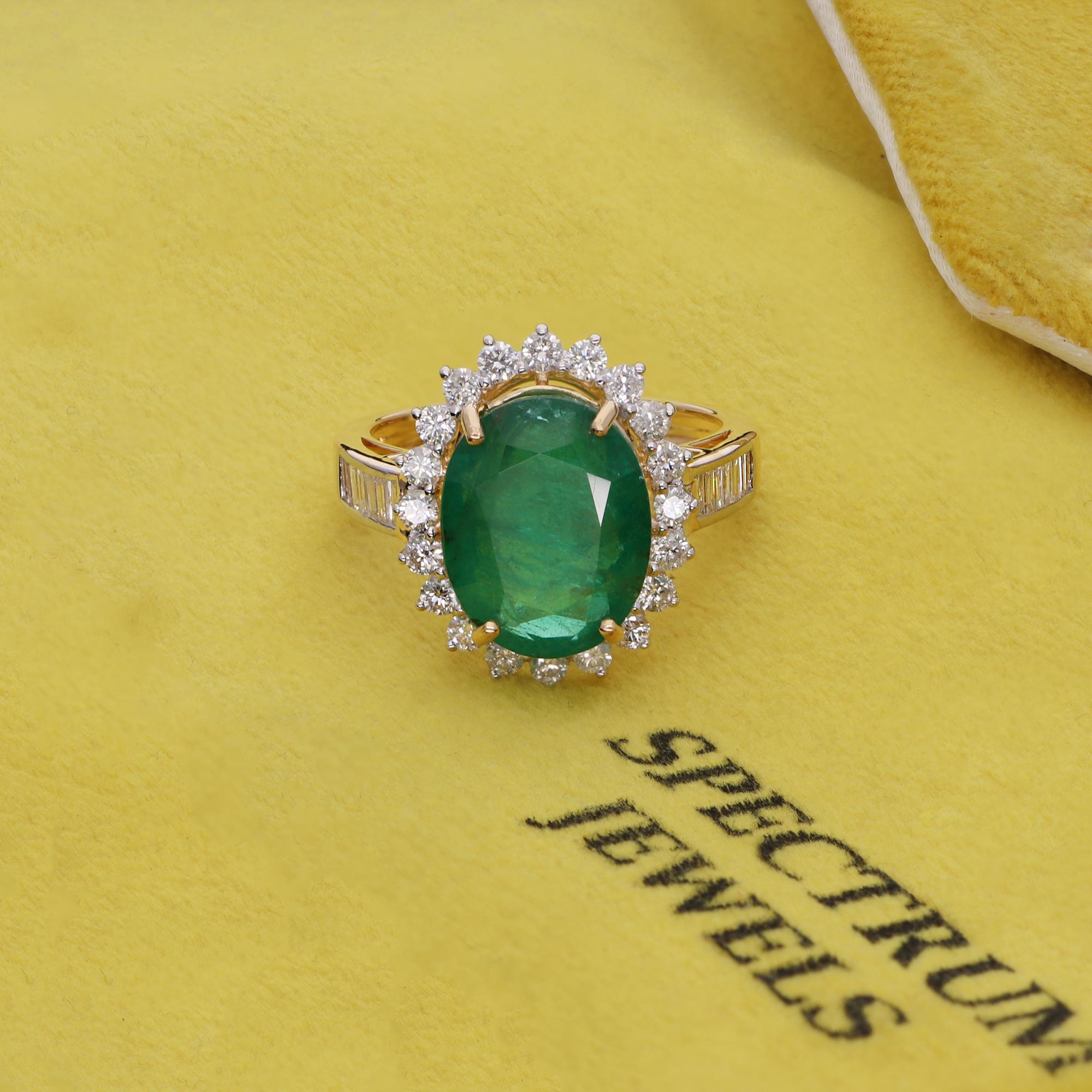 For Sale:  Real Oval Zambian Emerald Gemstone Cocktail Ring Diamond 18k Yellow Gold Jewelry 4