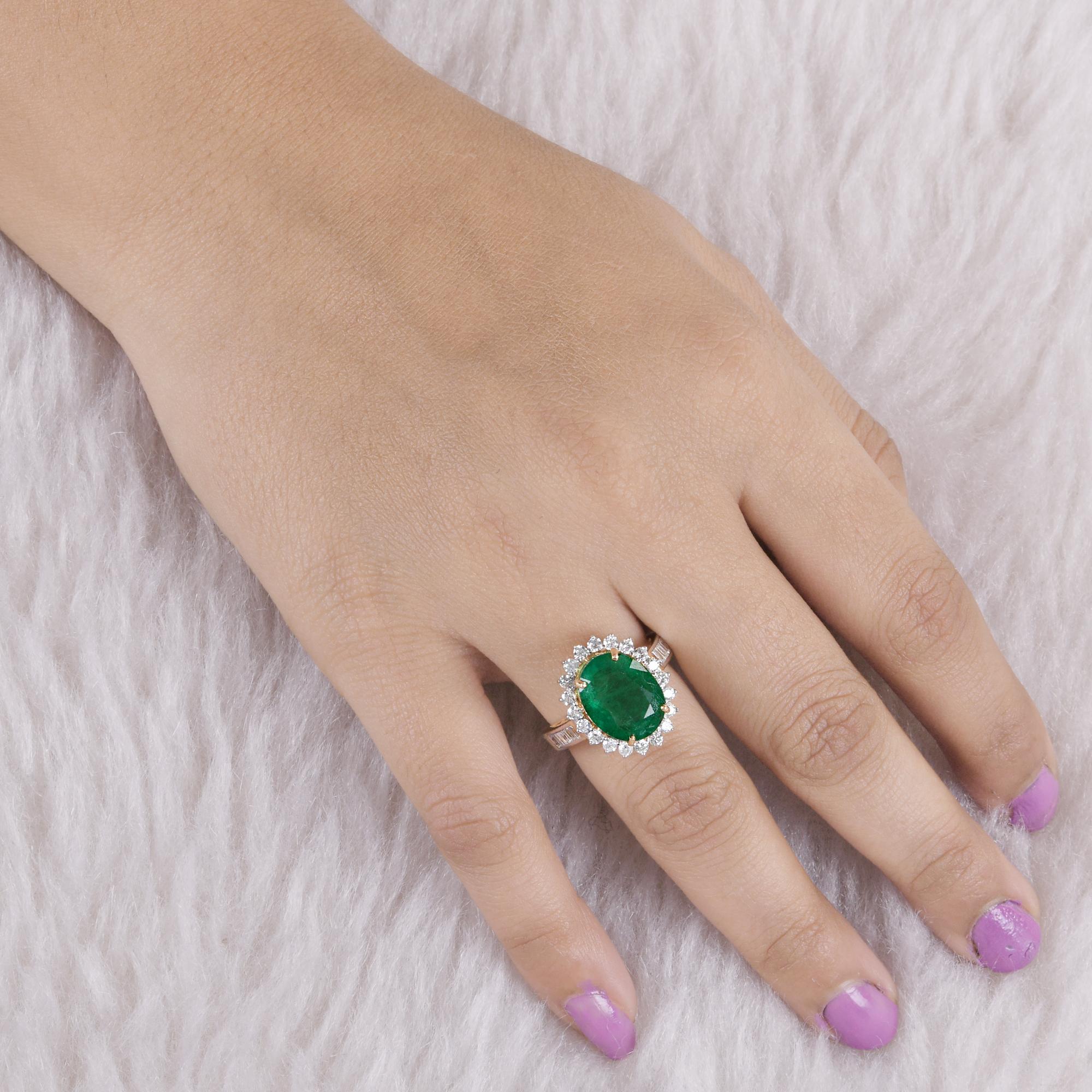For Sale:  Real Oval Zambian Emerald Gemstone Cocktail Ring Diamond 18k Yellow Gold Jewelry 5
