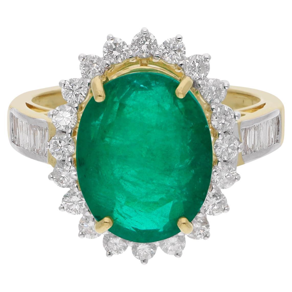 Real Oval Zambian Emerald Gemstone Cocktail Ring Diamond 18k Yellow Gold Jewelry