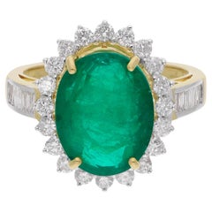 Used Real Oval Zambian Emerald Gemstone Cocktail Ring Diamond 18k Yellow Gold Jewelry