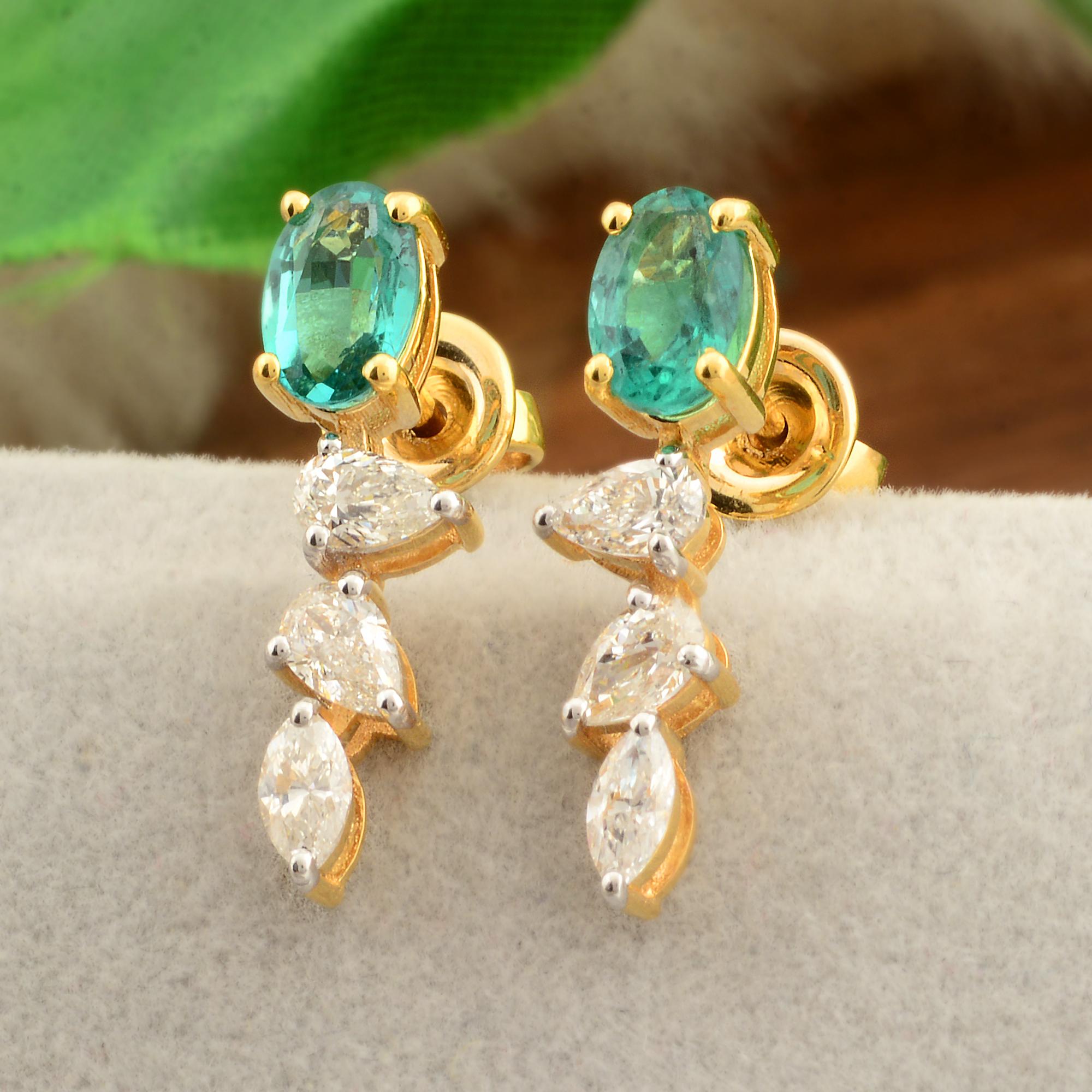 Modern Natural Oval Emerald Gemstone Earrings Diamond 14k Yellow Gold Fine Jewelry For Sale