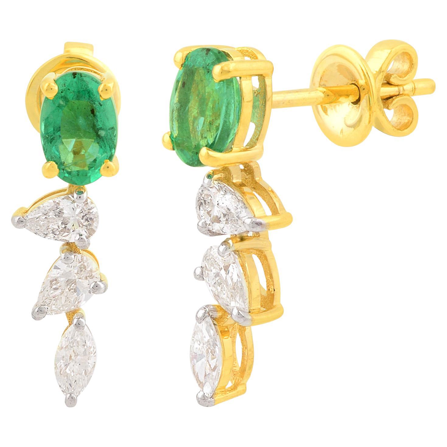 Natural Oval Emerald Gemstone Earrings Diamond 14k Yellow Gold Fine Jewelry