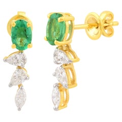 Natural Oval Emerald Gemstone Earrings Diamond 14k Yellow Gold Fine Jewelry