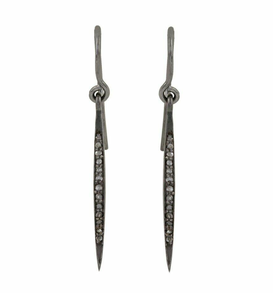 Real Pave Diamond Spike Bar Dangle Hook Earrings Solid 925 Sterling Silver In New Condition For Sale In Chicago, IL