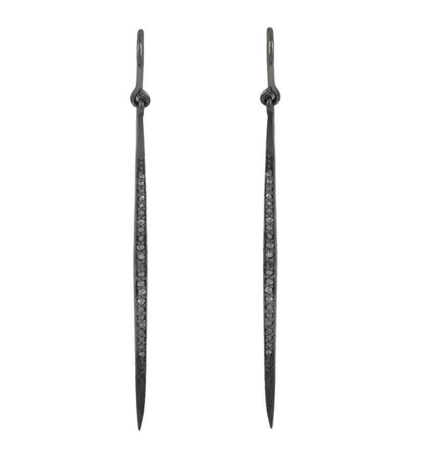Women's or Men's Real Pave Diamond Spike Bar Dangle Hook Earrings Solid 925 Sterling Silver For Sale