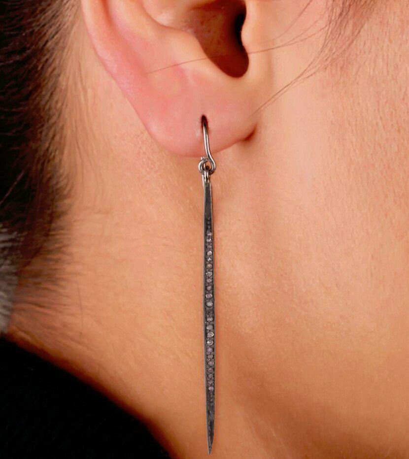 Real Pave Diamond Spike Bar Dangle Hook Earrings Solid 925 Sterling Silver For Sale 2