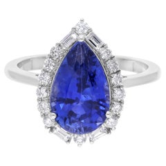 Real Pear Blue Sapphire Gemstone Ring SI/H Diamond 18 Karat White Gold Jewelry