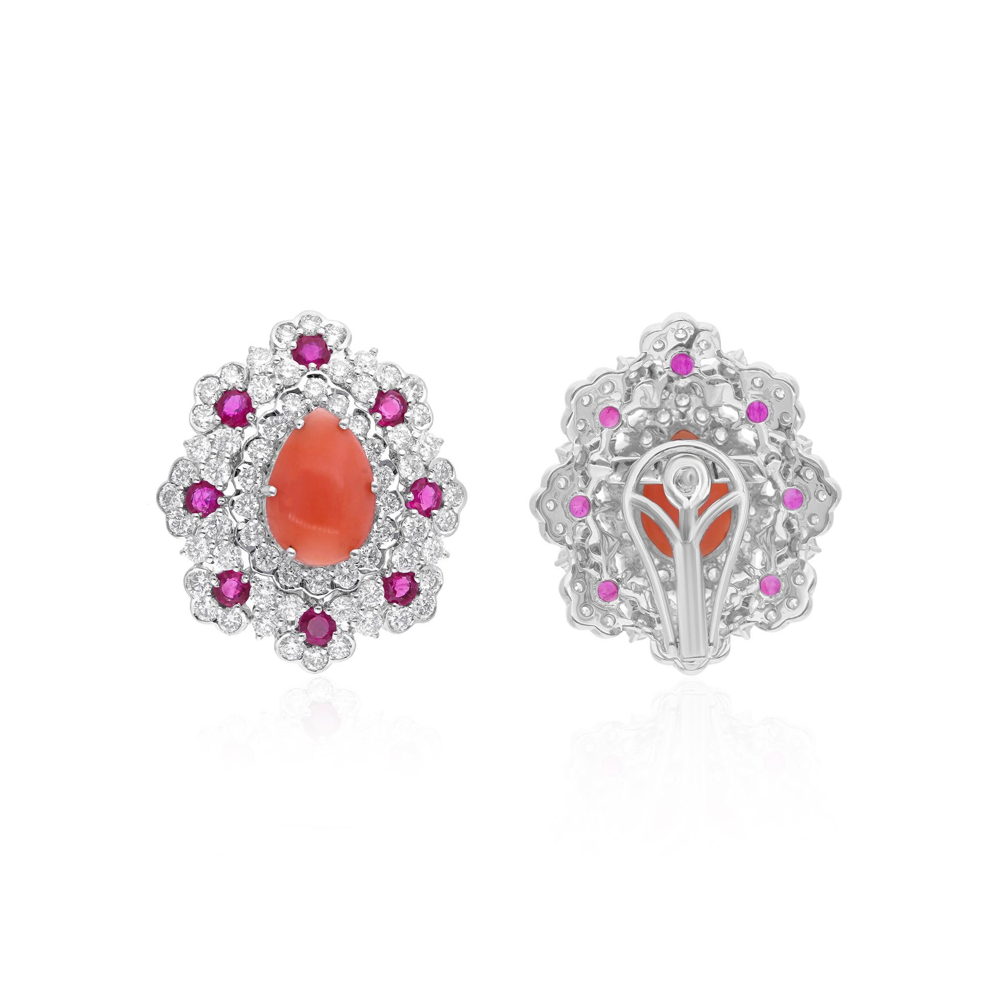 Modern Real Pear Coral Gemstone Stud Earrings Ruby Diamond 14 Karat White Gold Jewelry For Sale