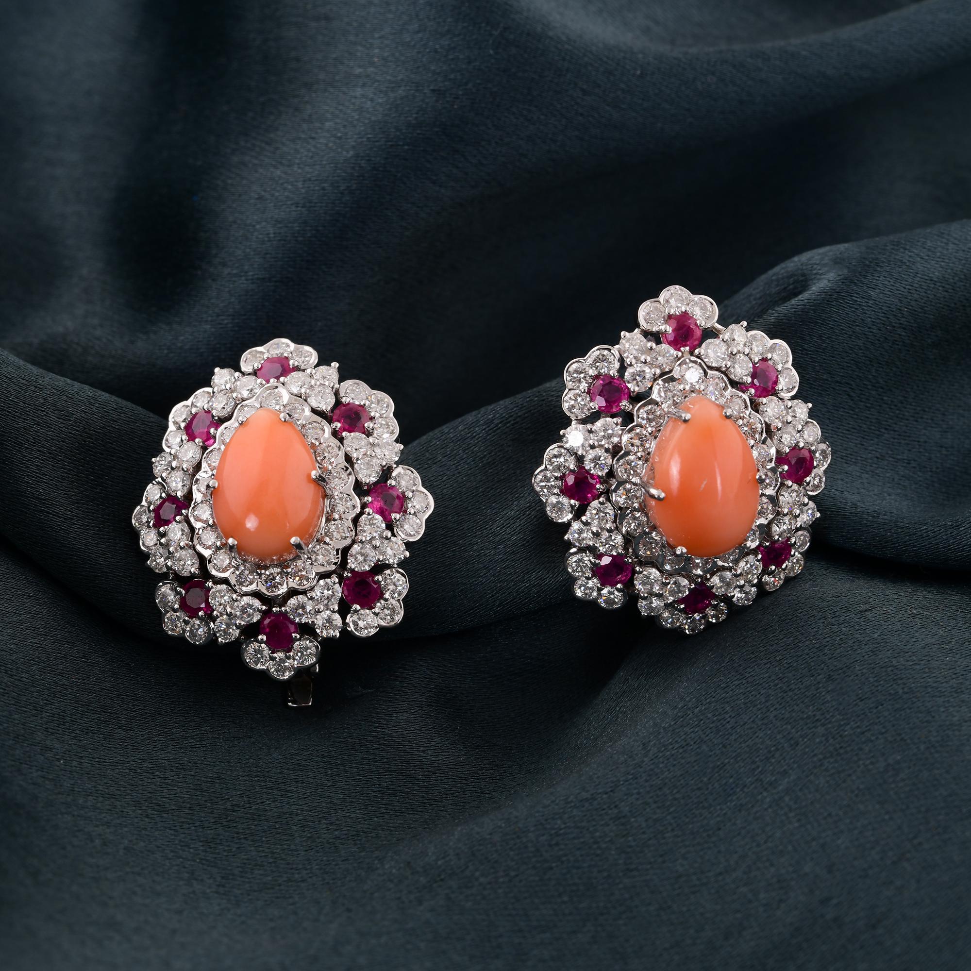 Pear Cut Real Pear Coral Gemstone Stud Earrings Ruby Diamond 14 Karat White Gold Jewelry For Sale