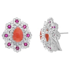 Real Pear Coral Gemstone Stud Earrings Ruby Diamond 14 Karat White Gold Jewelry