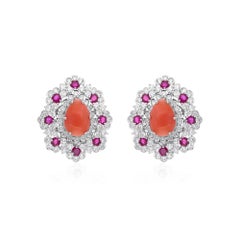 Real Pear Coral Gemstone Stud Earrings Ruby Diamond 18 Karat White Gold Jewelry