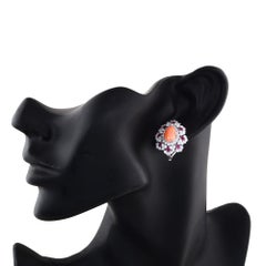 Real Pear Coral Gemstone Stud Earrings Ruby Diamond 18 Karat White Gold Jewelry