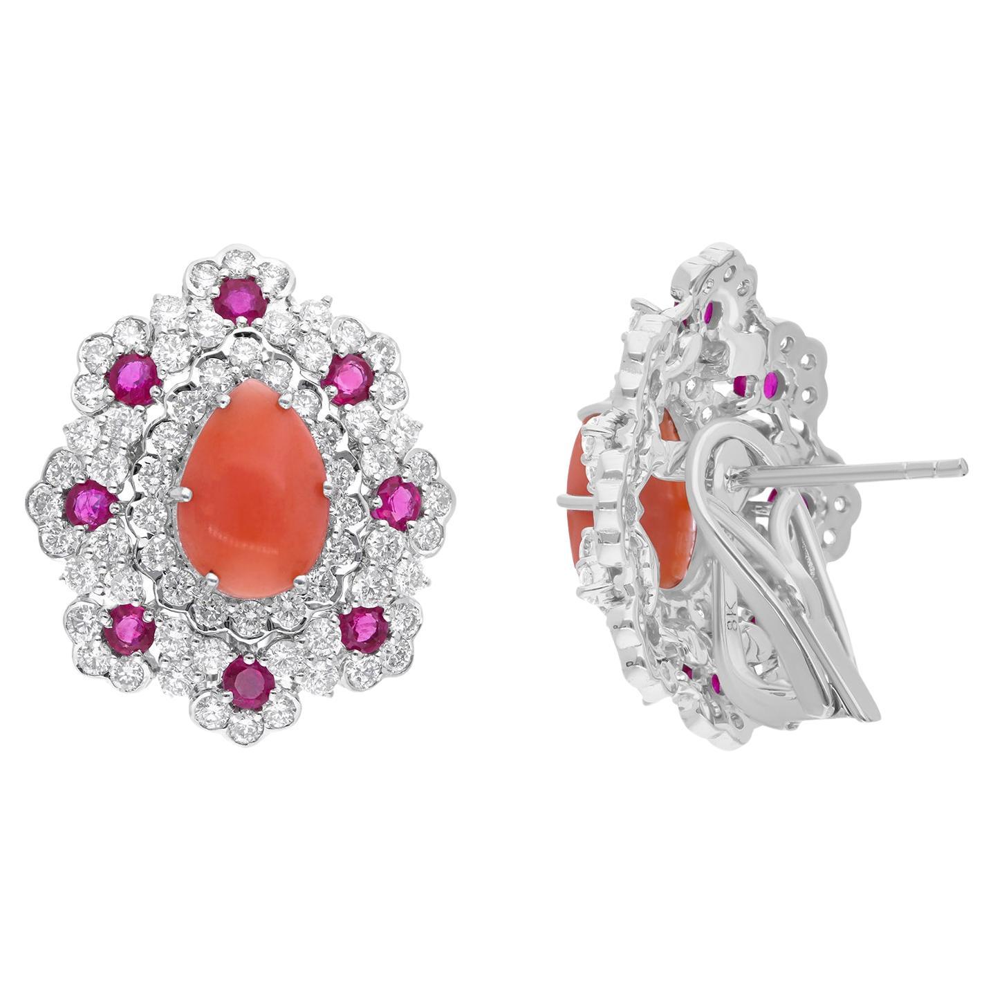 Real Pear Coral Gemstone Stud Earrings Ruby Diamond 18 Karat White Gold Jewelry