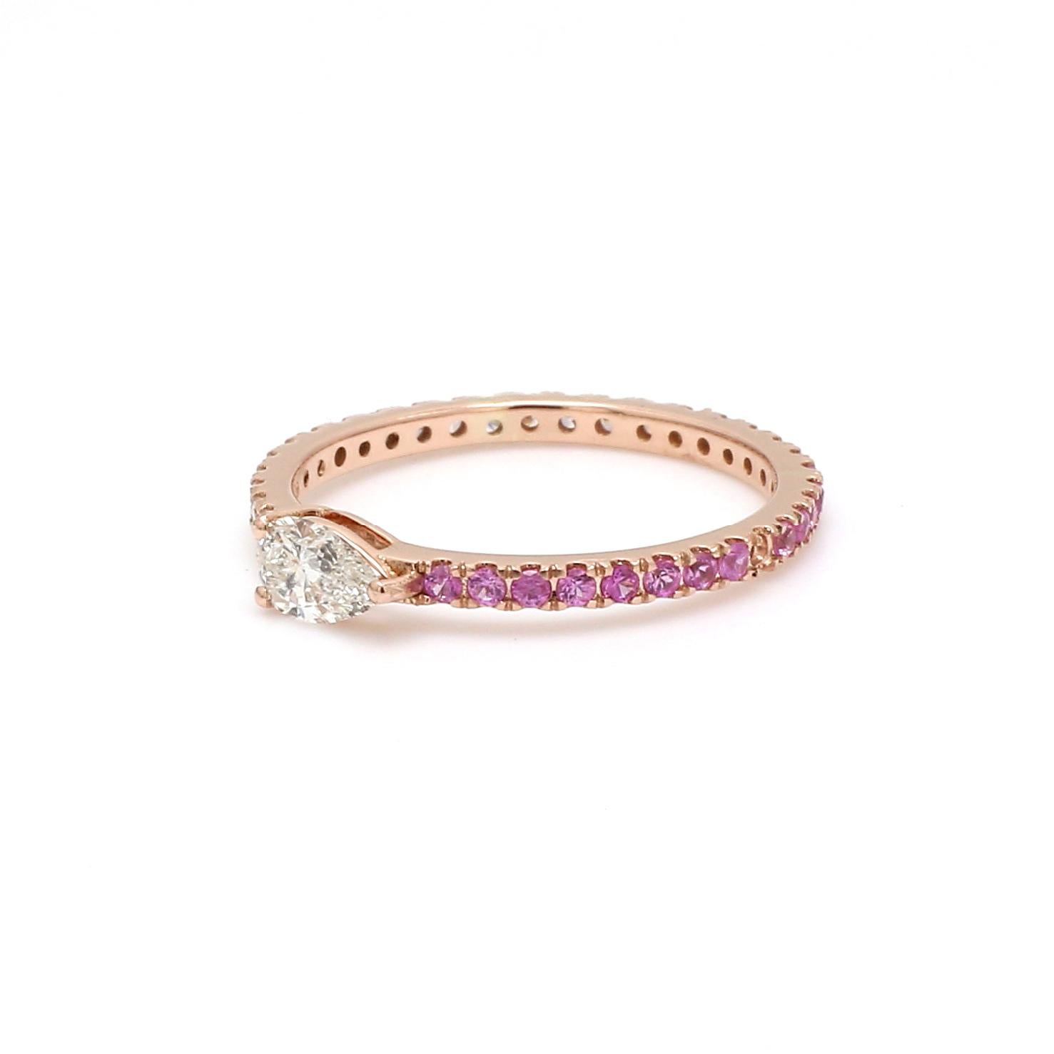 Modern Real Pear Diamond Band Ring Ruby Gemstone 14 Karat Rose Gold Handmade Jewelry For Sale