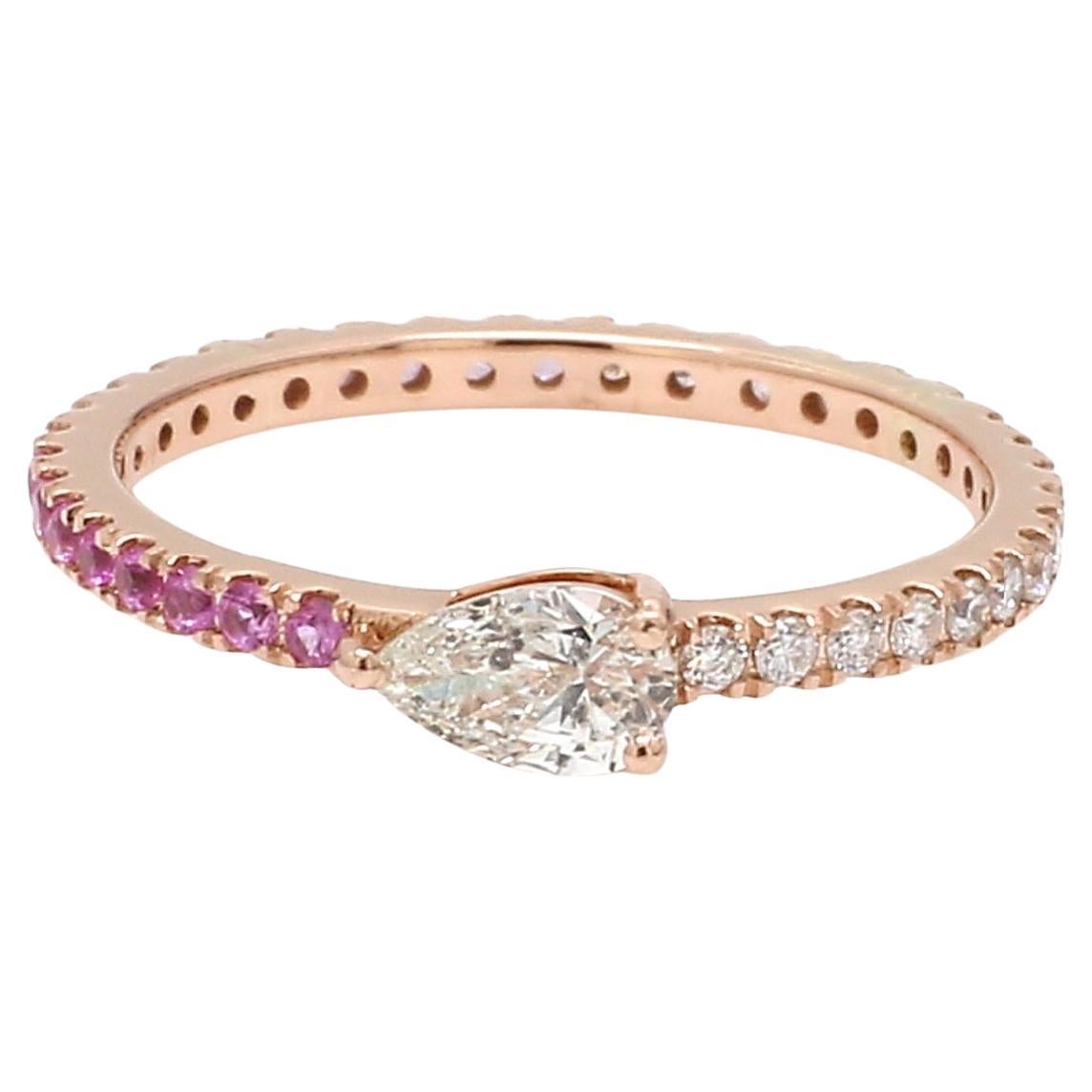 Bague en or rose 14 carats faite à la main avec un véritable diamant poire et une pierre précieuse en rubis en vente