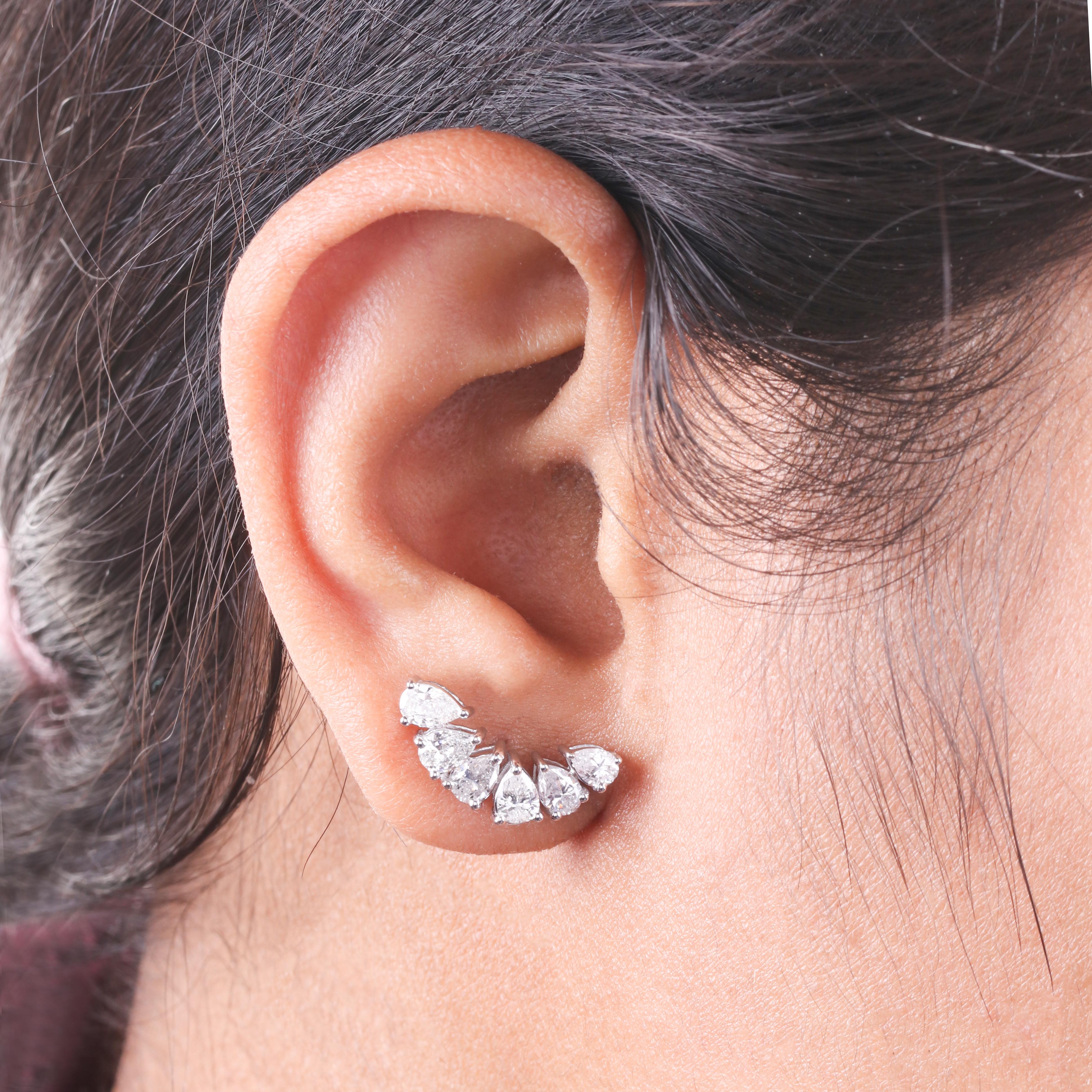 Pear Cut Real Pear Diamond Moon Design Stud Earrings 14 Karat White Gold Handmade Jewelry For Sale