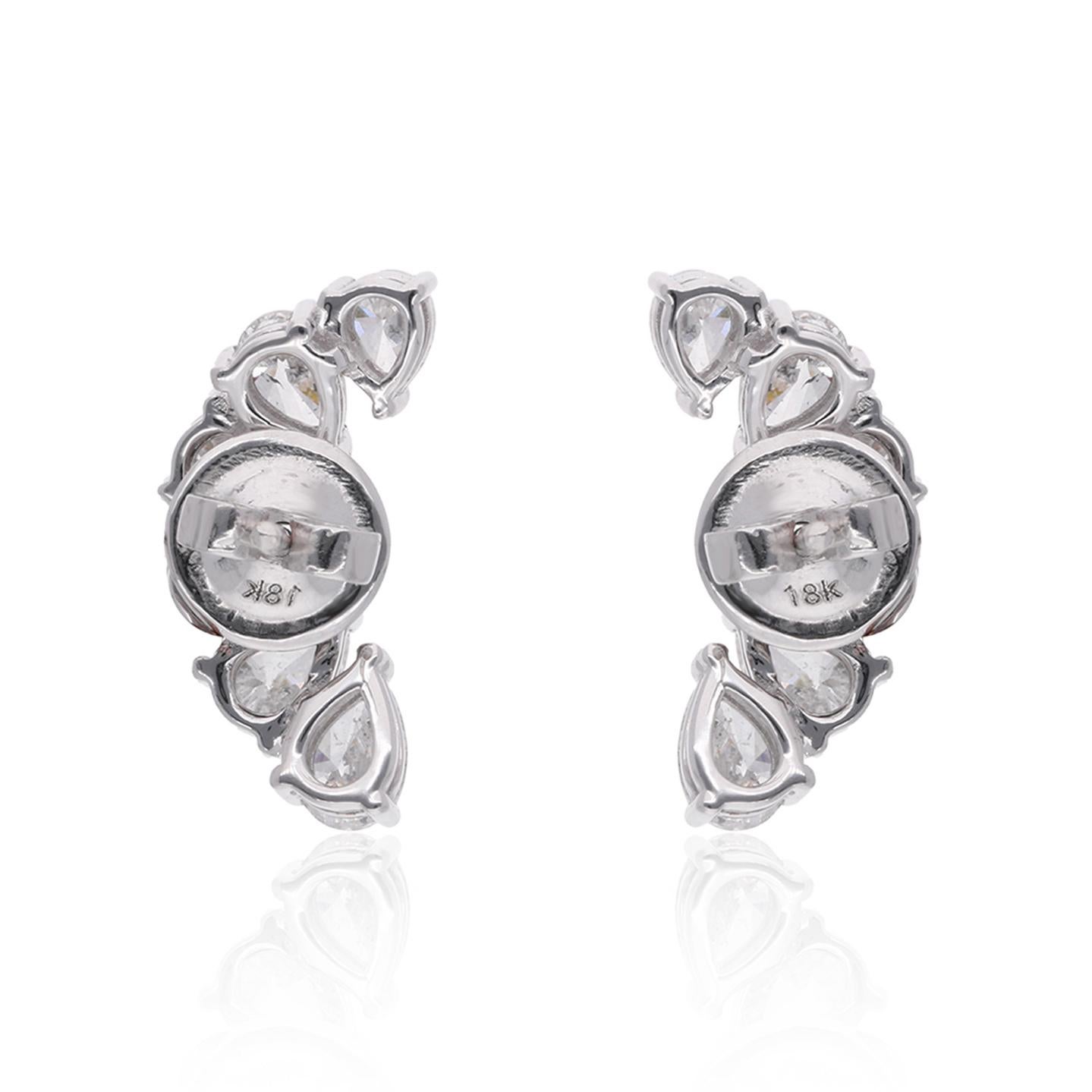 Real Pear Diamond Moon Design Stud Earrings 14 Karat White Gold Handmade Jewelry In New Condition For Sale In Diera, Dubai