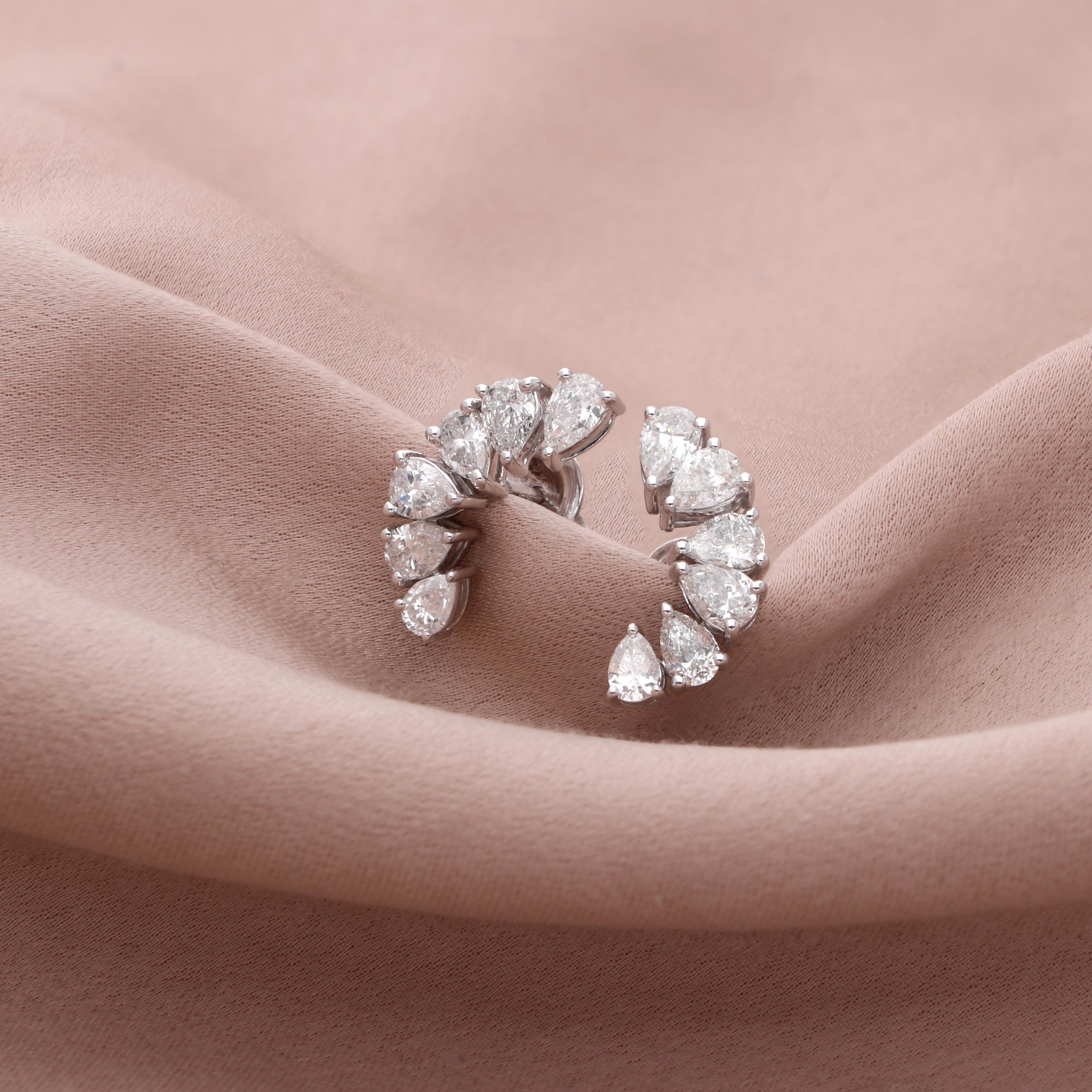 Modern Real Pear Diamond Moon Design Stud Earrings 18 Karat White Gold Handmade Jewelry For Sale