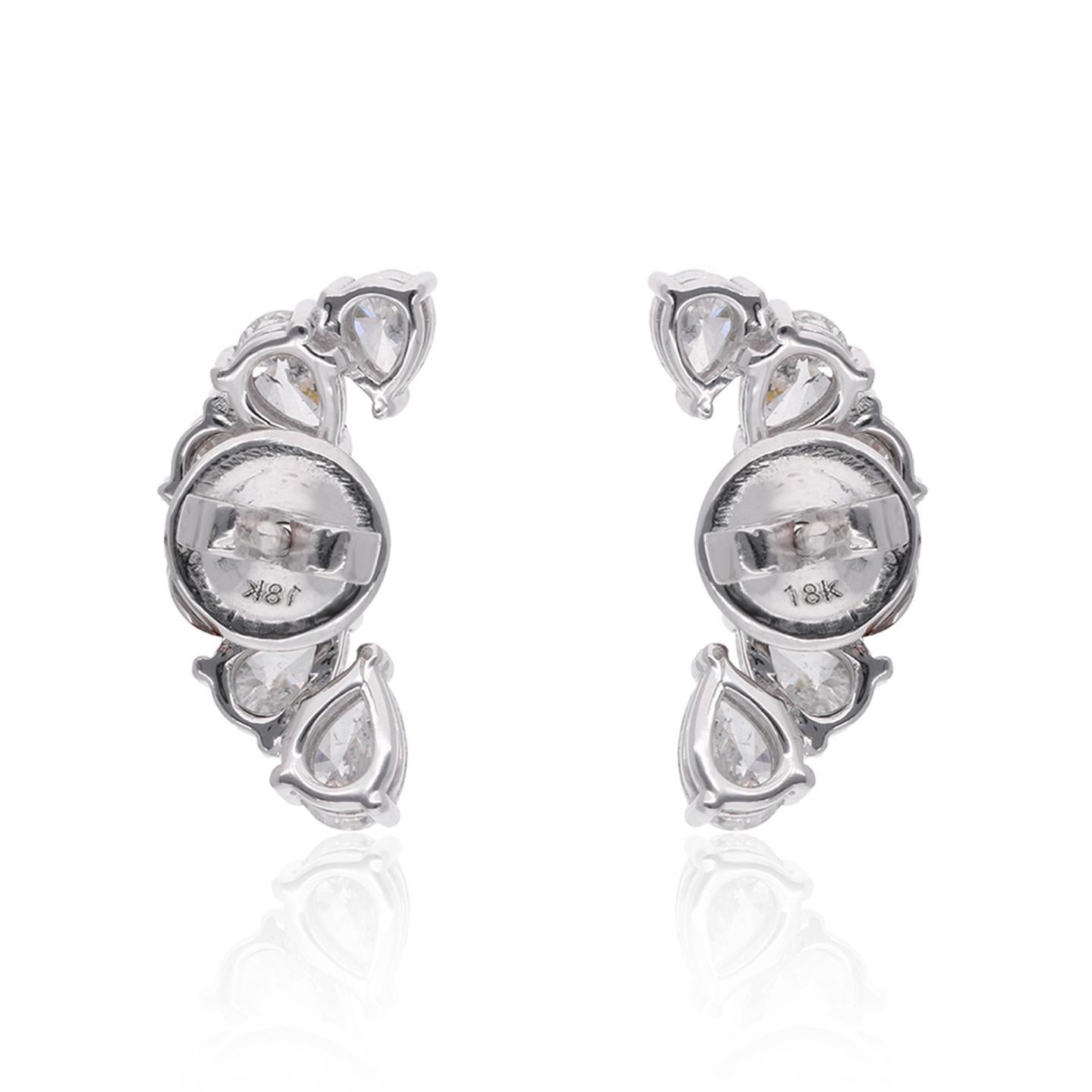 Women's Real Pear Diamond Moon Design Stud Earrings 18 Karat White Gold Handmade Jewelry For Sale