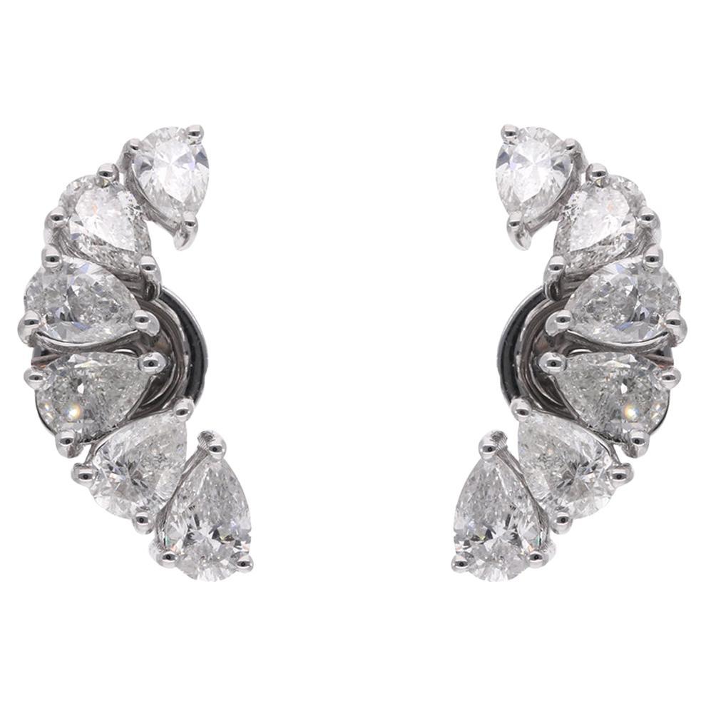 Real Pear Diamond Moon Design Stud Earrings 18 Karat White Gold Handmade Jewelry