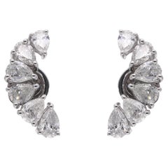 Real Pear Diamond Moon Design Stud Earrings 18 Karat White Gold Handmade Jewelry