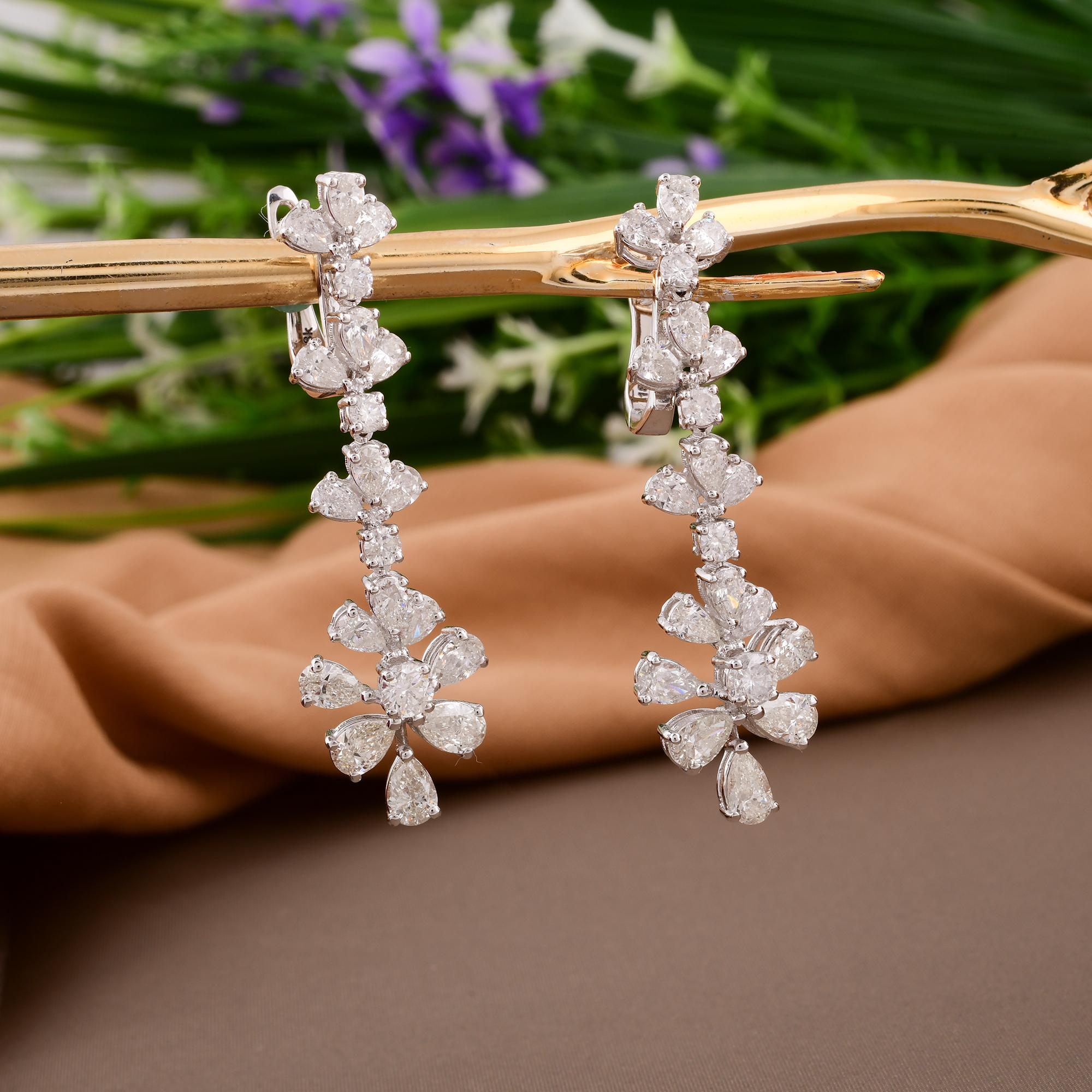 Modern Real Pear & Round Diamond Dangle Earrings 14 Karat White Gold Handmade Jewelry For Sale