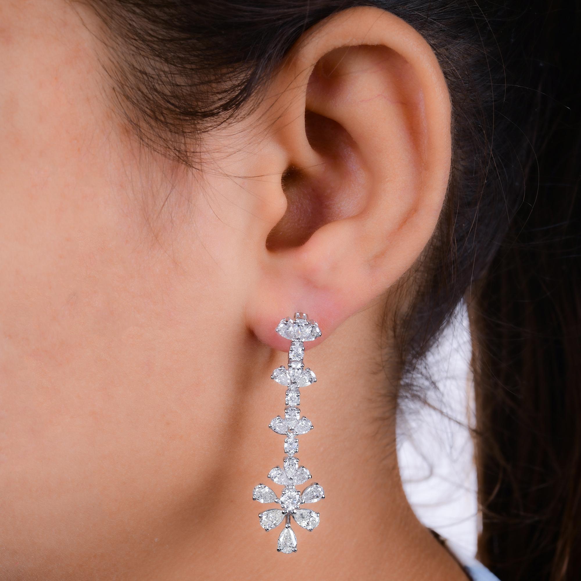 Pear Cut Real Pear & Round Diamond Dangle Earrings 14 Karat White Gold Handmade Jewelry For Sale