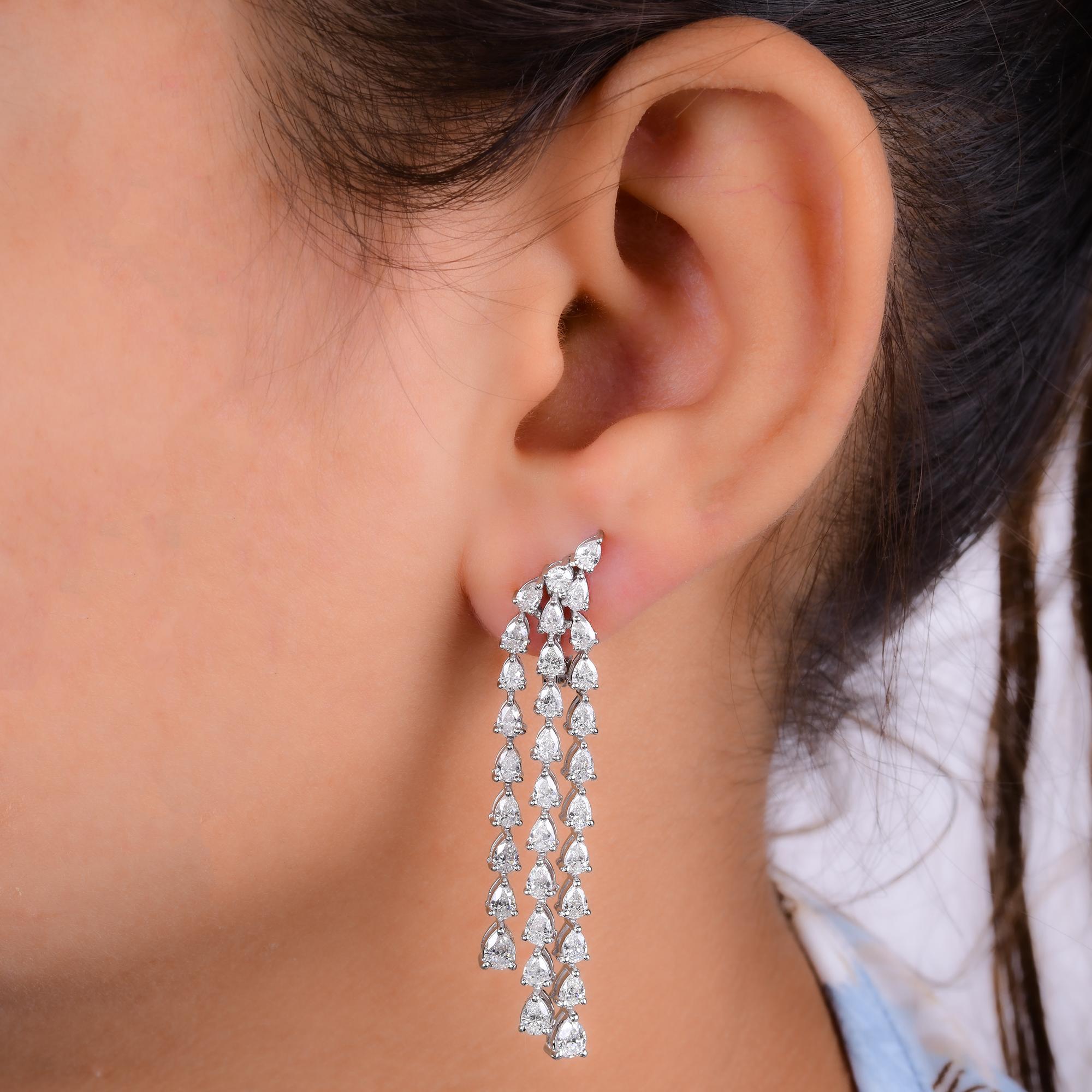 Pear Cut Pear & Round Diamond Dangle Earrings 14 Karat Solid White Gold Handmade Jewelry For Sale