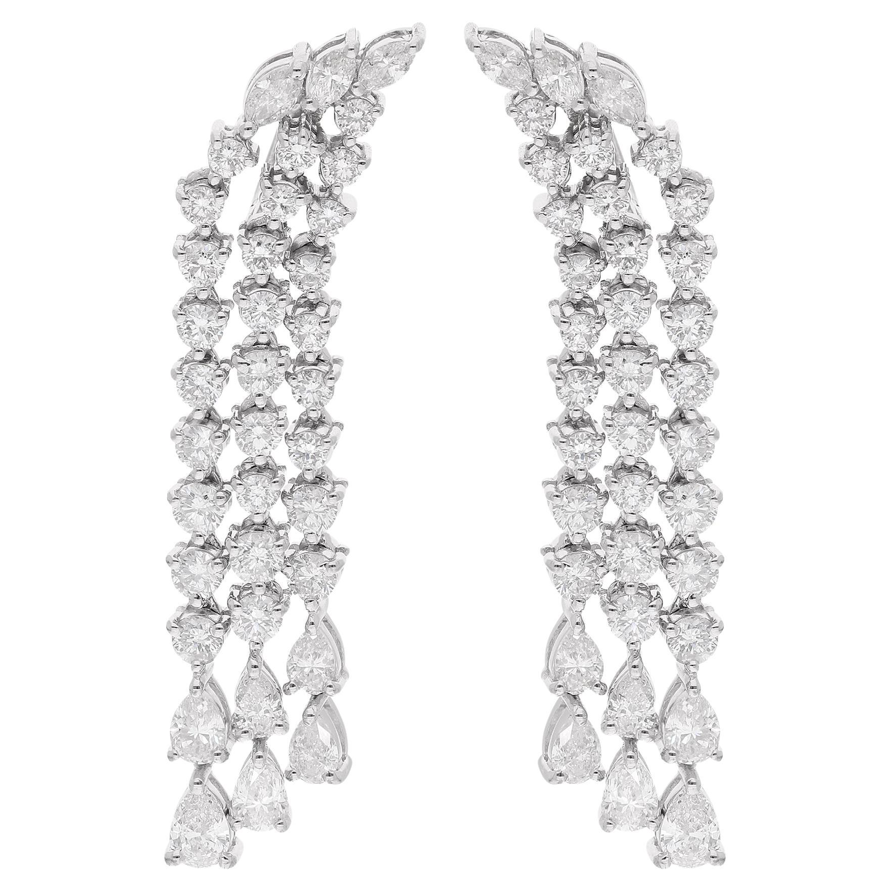 Boucles d'oreilles pendantes en or blanc 14 carats avec diamants ronds et marquises en poire véritable