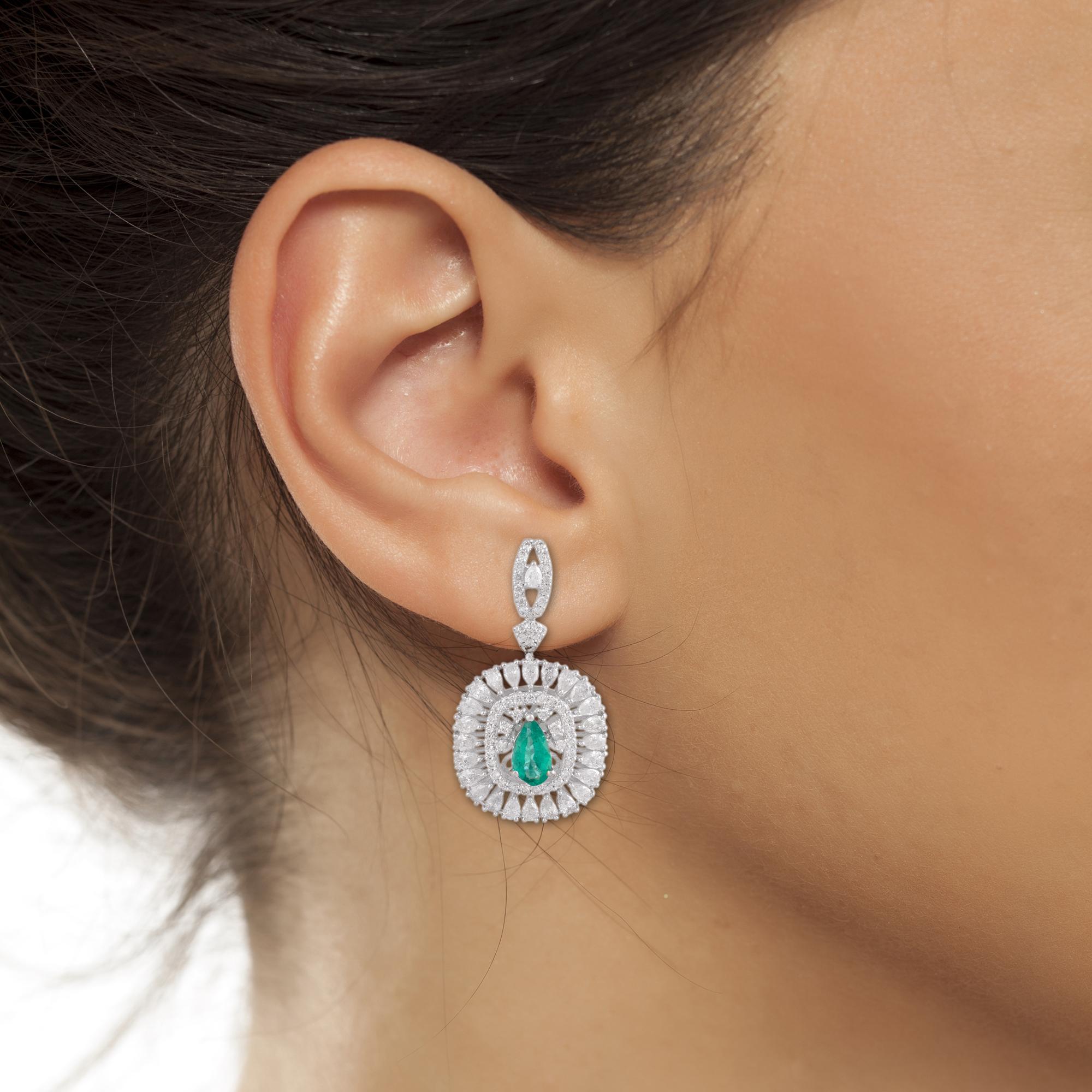 Pear Cut Natural Pear Emerald Gemstone Dangle Earrings Diamond 18 Karat White Gold For Sale