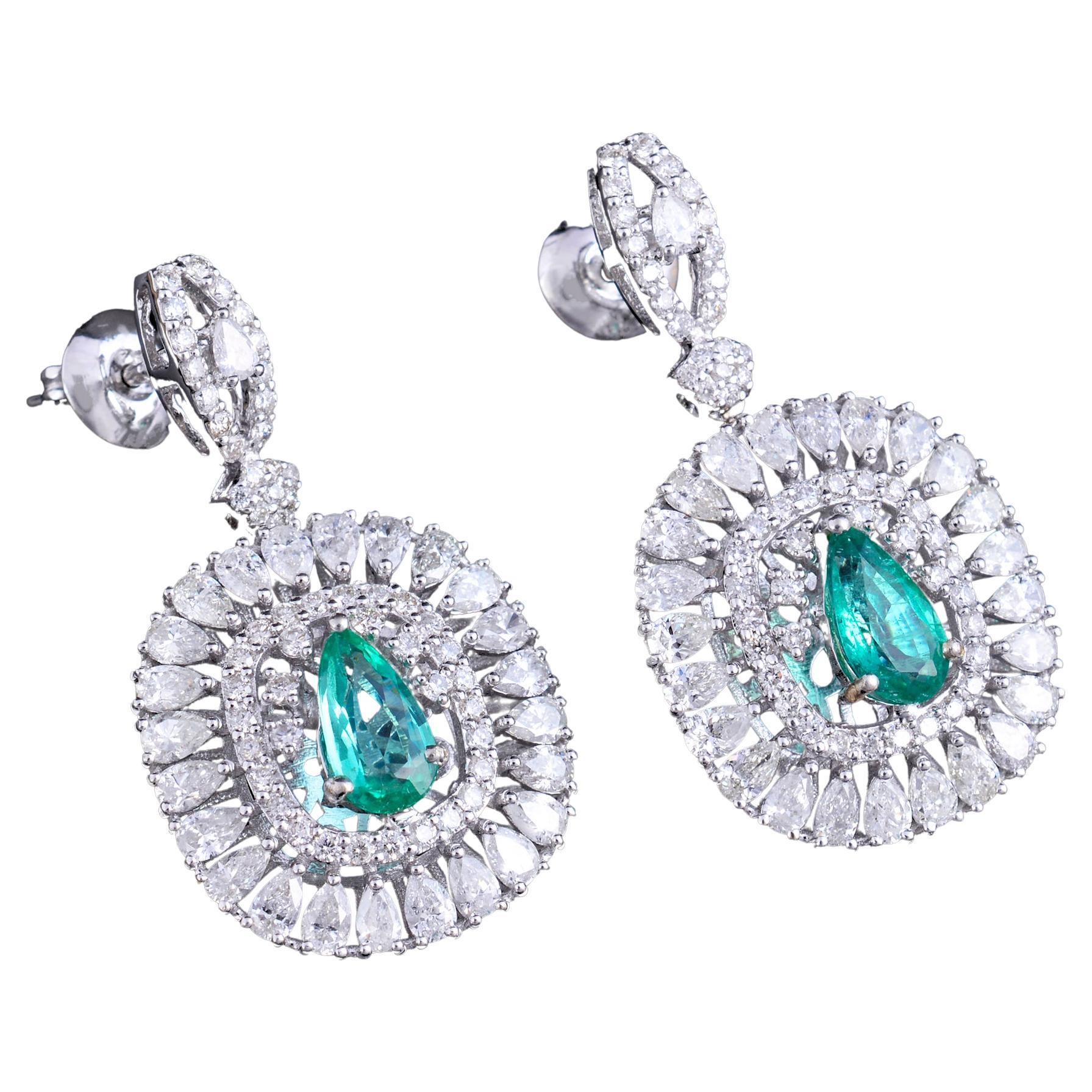 Natural Pear Emerald Gemstone Dangle Earrings Diamond 18 Karat White Gold For Sale
