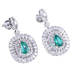 Real Pear Zambian Emerald Gemstone Dangle Earrings Diamond 18 Karat White Gold