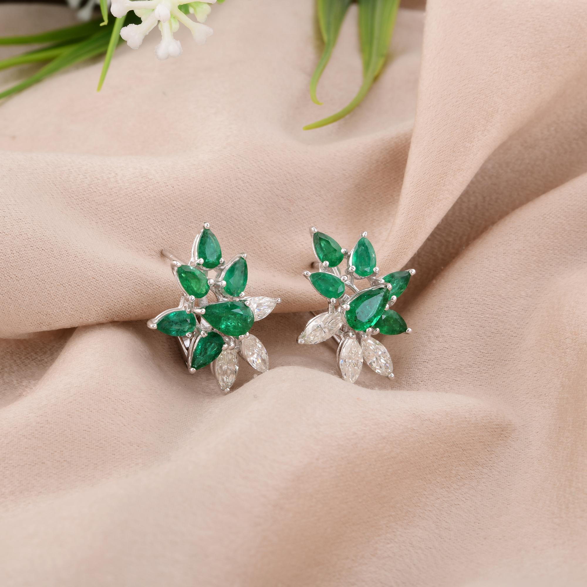 Modern Real Pear Zambian Emerald Gemstone Earrings Marquise Diamond 14 Karat White Gold For Sale