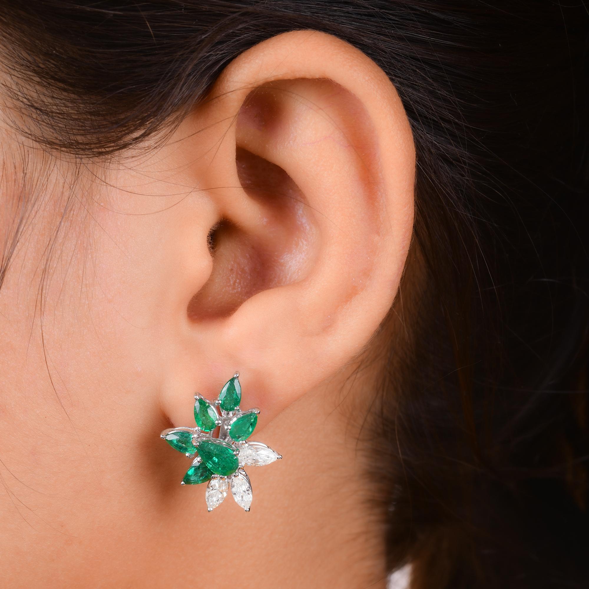 Pear Cut Real Pear Zambian Emerald Gemstone Earrings Marquise Diamond 14 Karat White Gold For Sale
