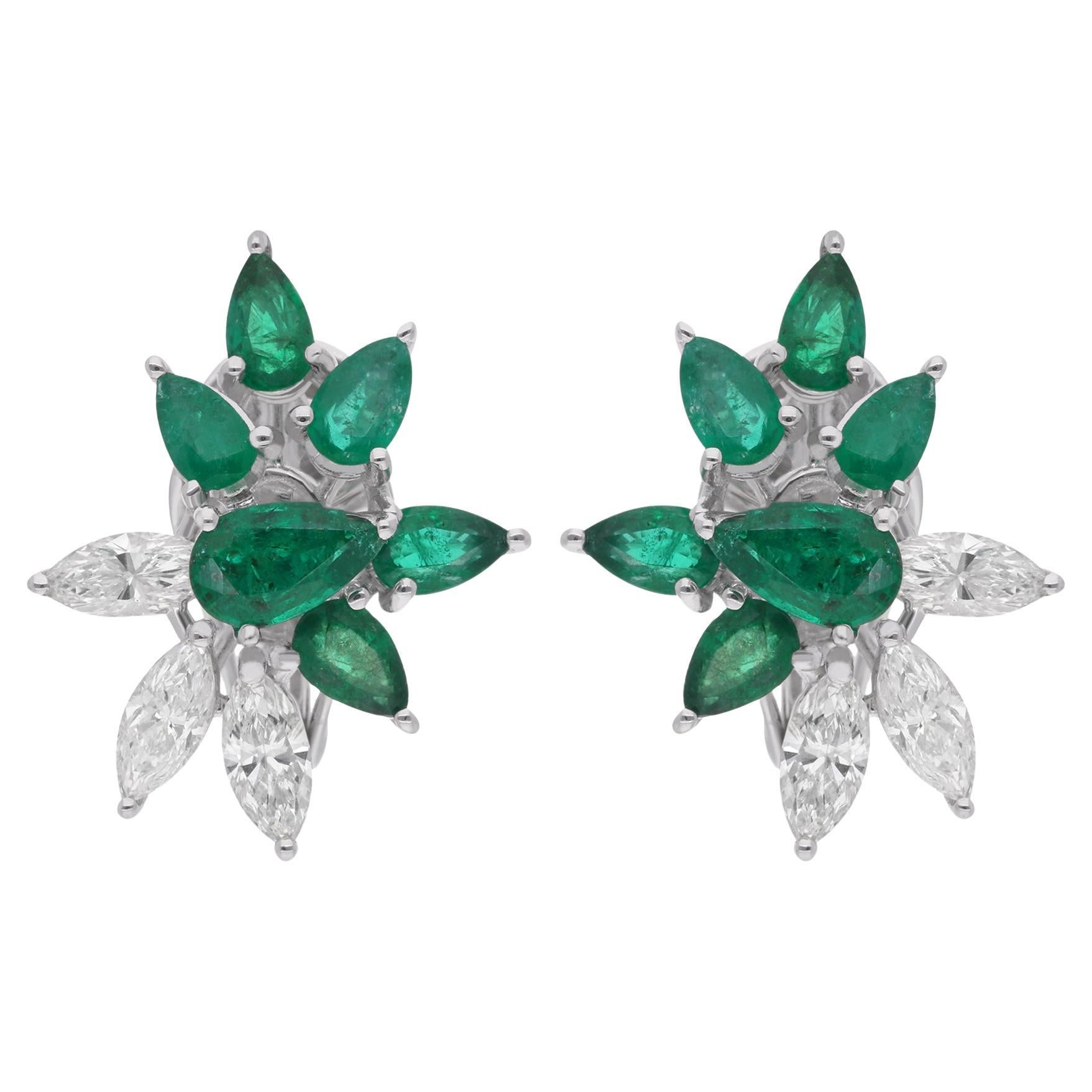 Real Pear Zambian Emerald Gemstone Earrings Marquise Diamond 14 Karat White Gold For Sale