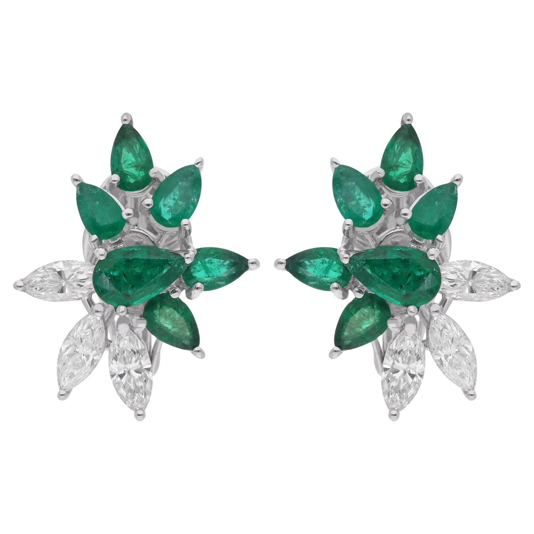 Orecchini con gemma di smeraldo dello Zambia, vera pera, diamante marquise, oro bianco 14 carati