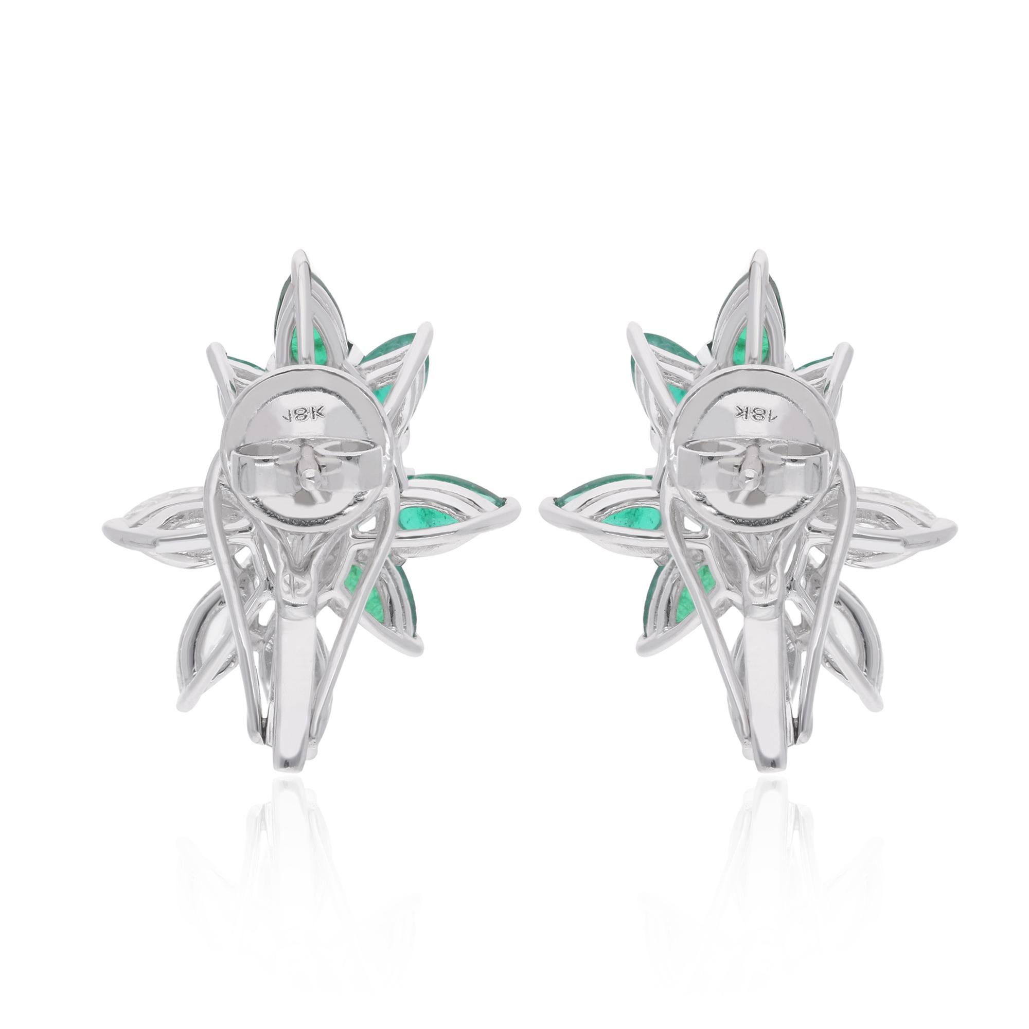 Boucles d'oreilles en or blanc 18 carats avec émeraudes de Zambie véritables et diamants marquises Pour femmes en vente