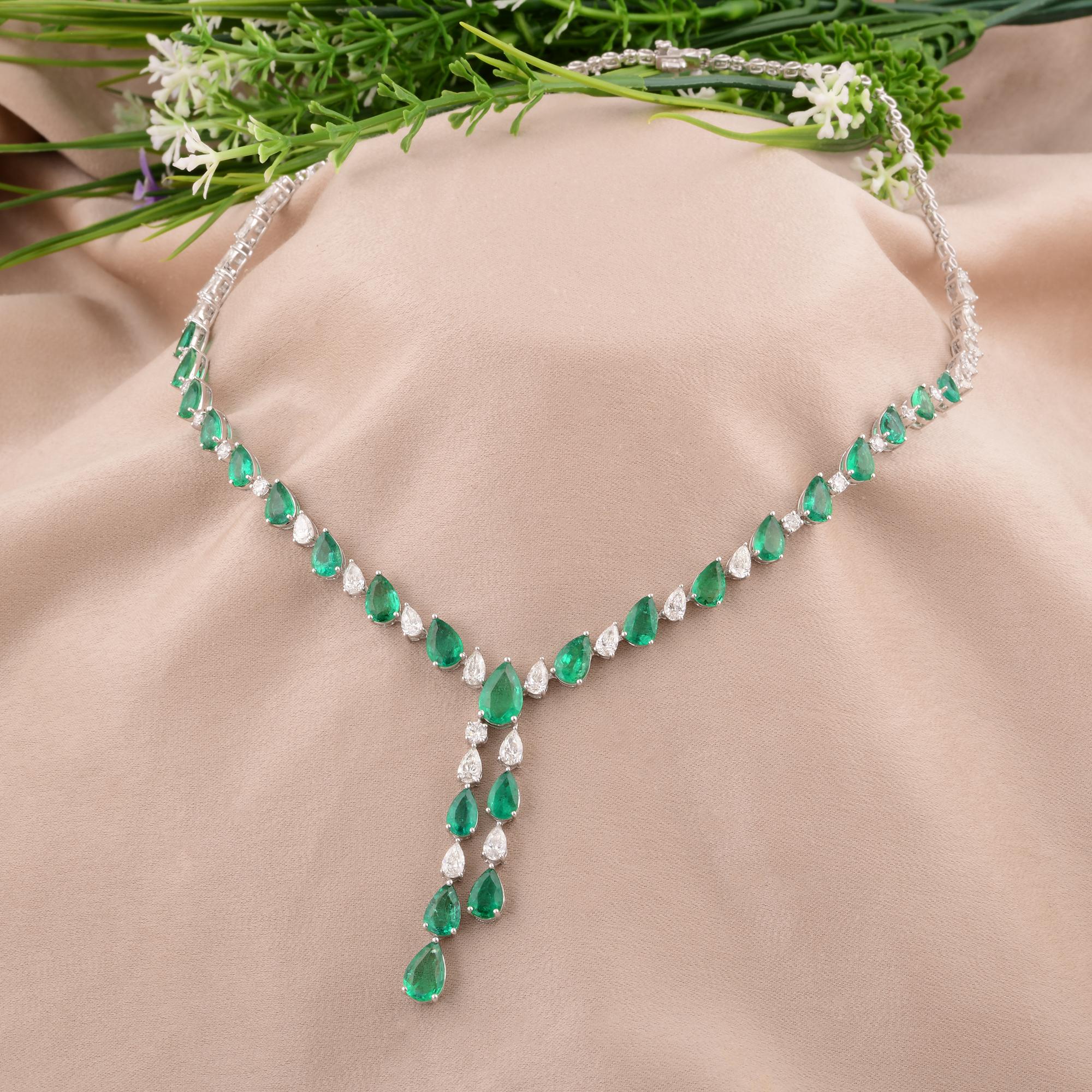 Modern Real Pear Zambian Emerald Gemstone Necklace Diamond 14 Karat White Gold Jewelry For Sale