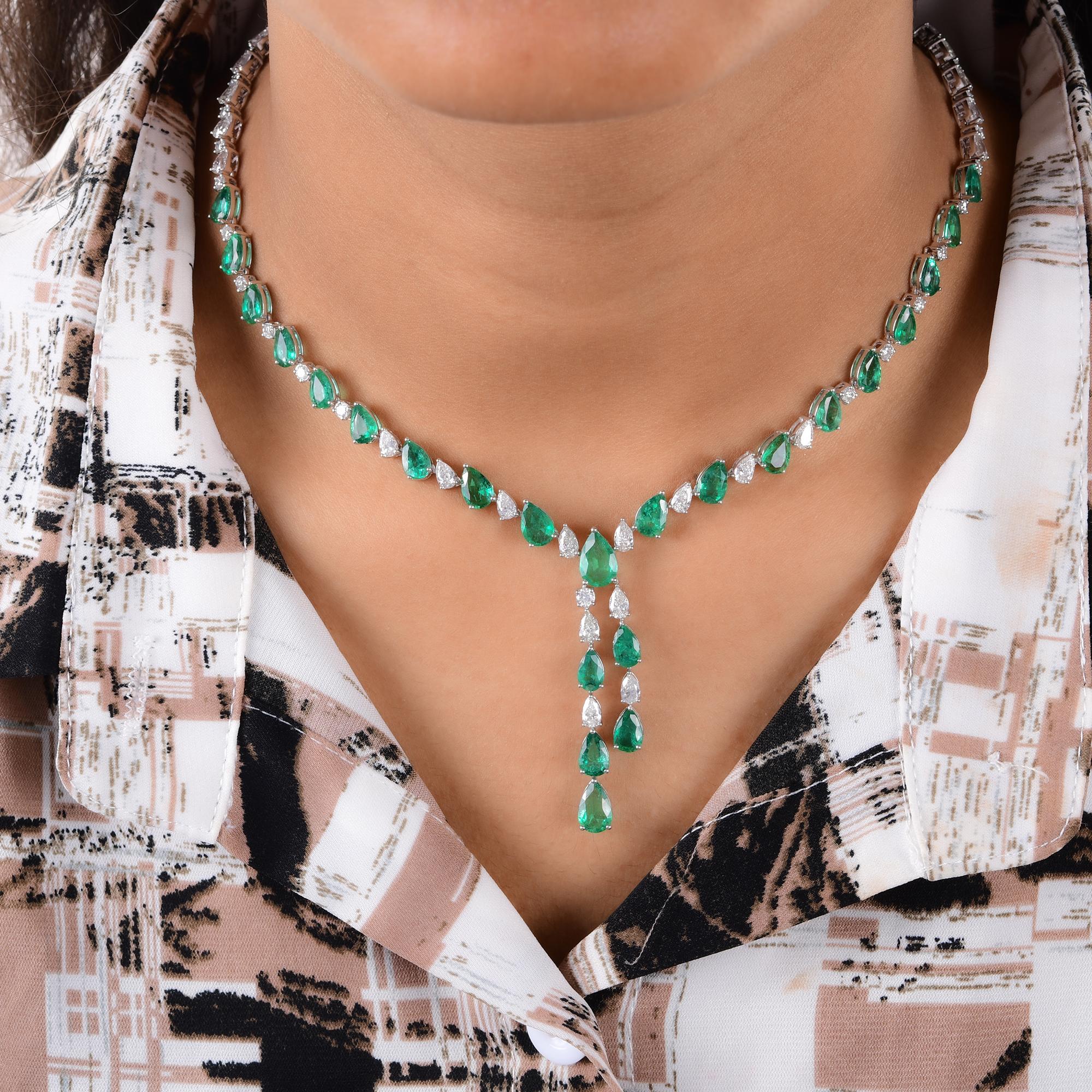 Pear Cut Real Pear Zambian Emerald Gemstone Necklace Diamond 14 Karat White Gold Jewelry For Sale