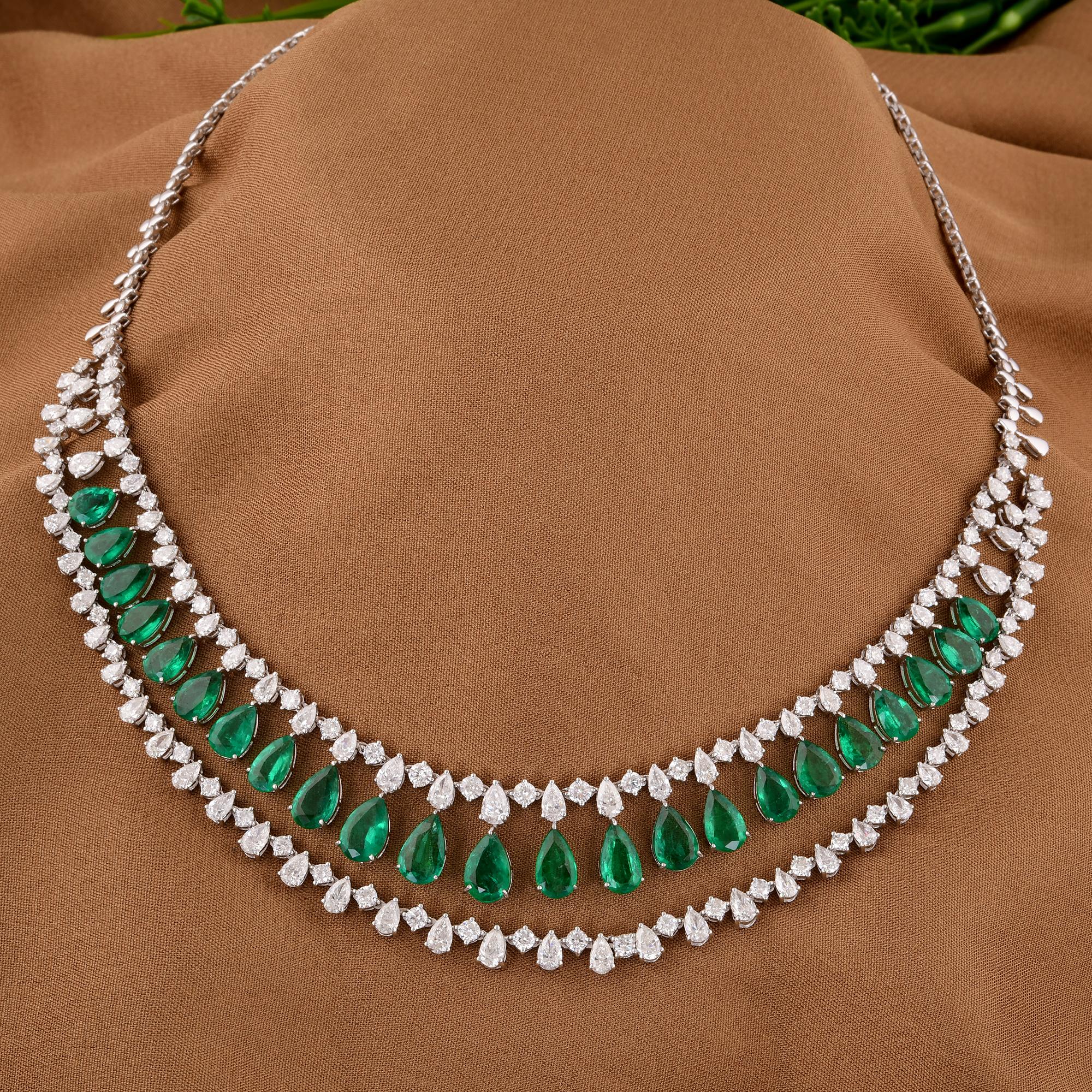 Women's Real Pear Zambian Emerald Gemstone Necklace Diamond 14 Karat White Gold Jewelry For Sale