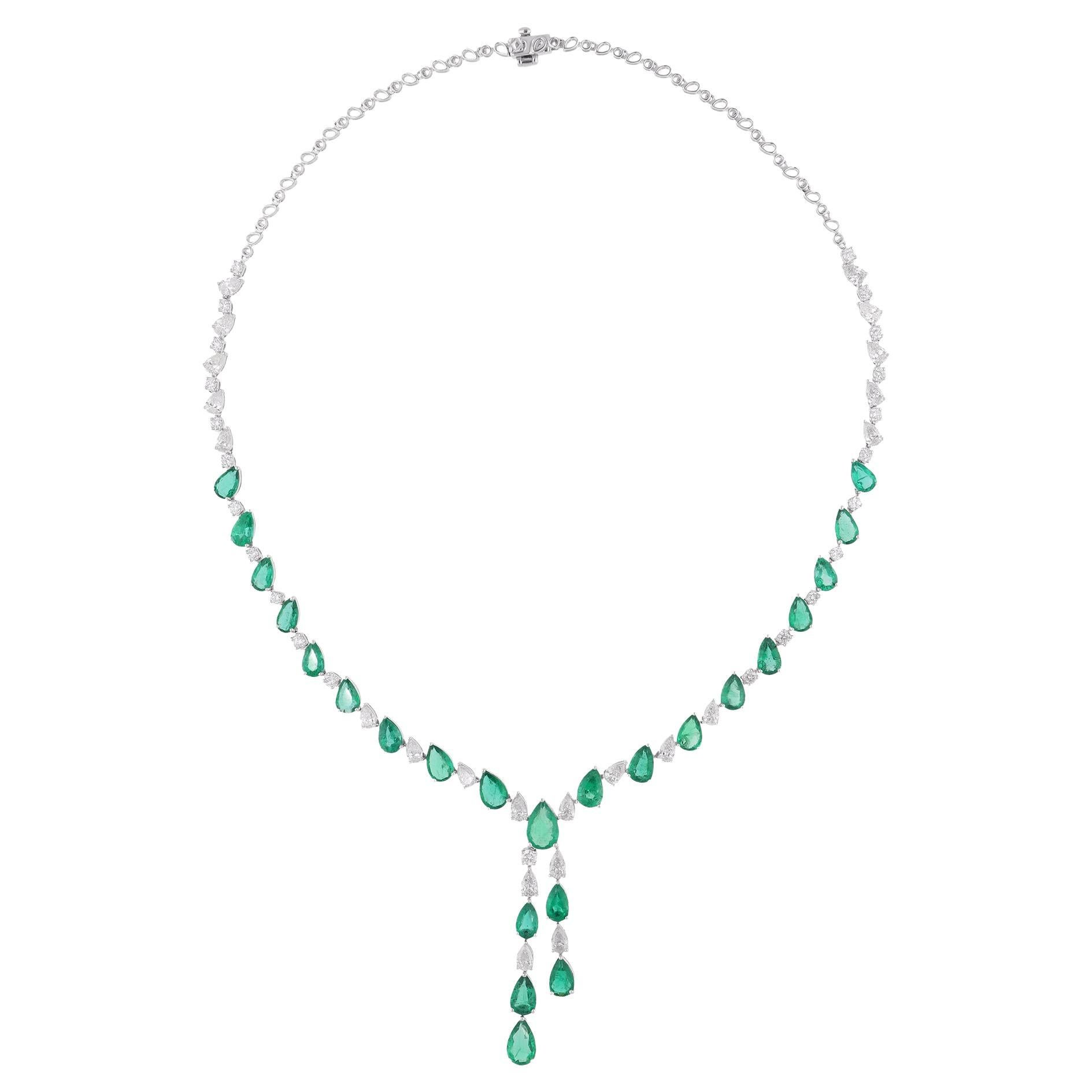Real Pear Zambian Emerald Gemstone Necklace Diamond 14 Karat White Gold Jewelry For Sale