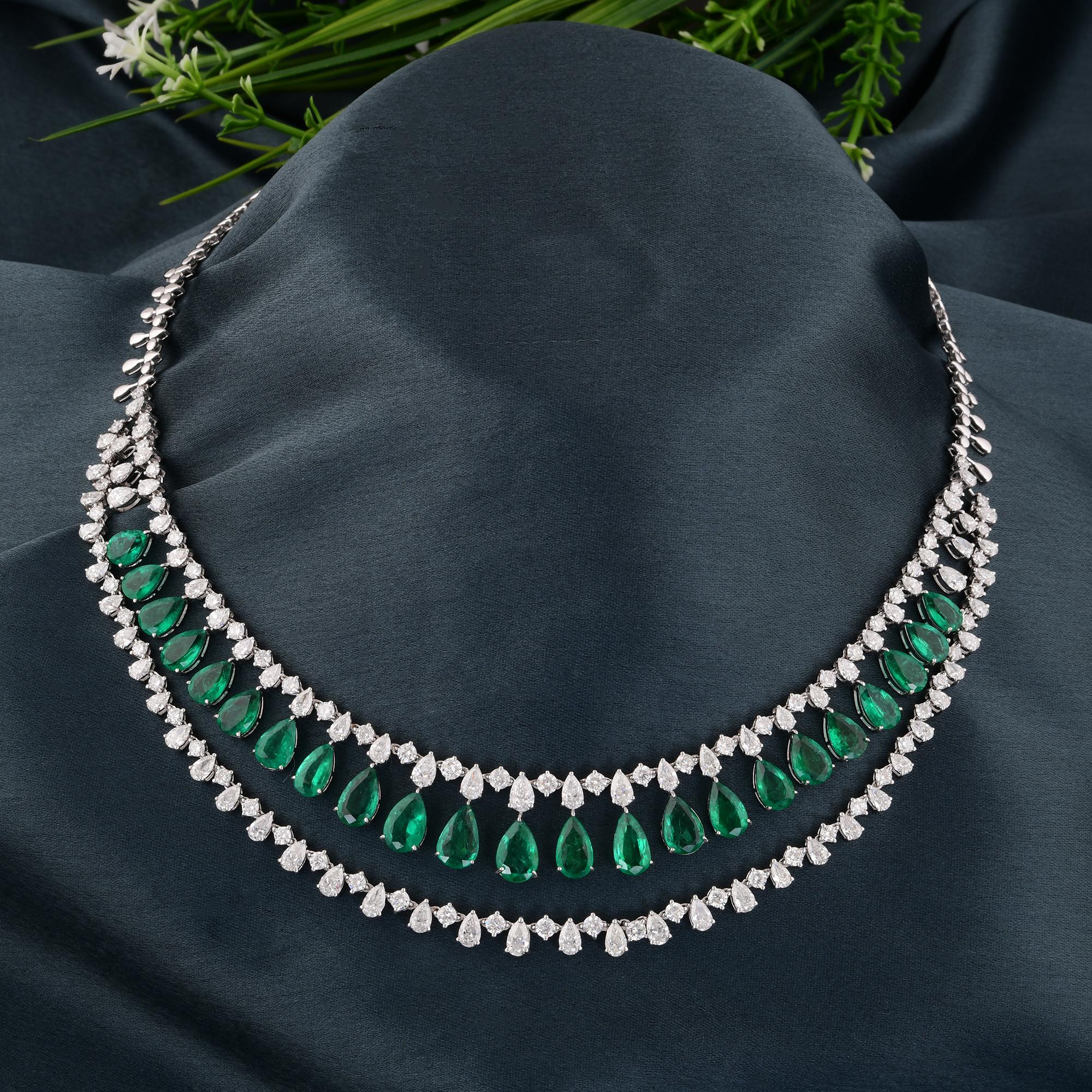 Pear Cut Real Pear Zambian Emerald Gemstone Necklace Diamond 18 Karat White Gold Jewelry For Sale