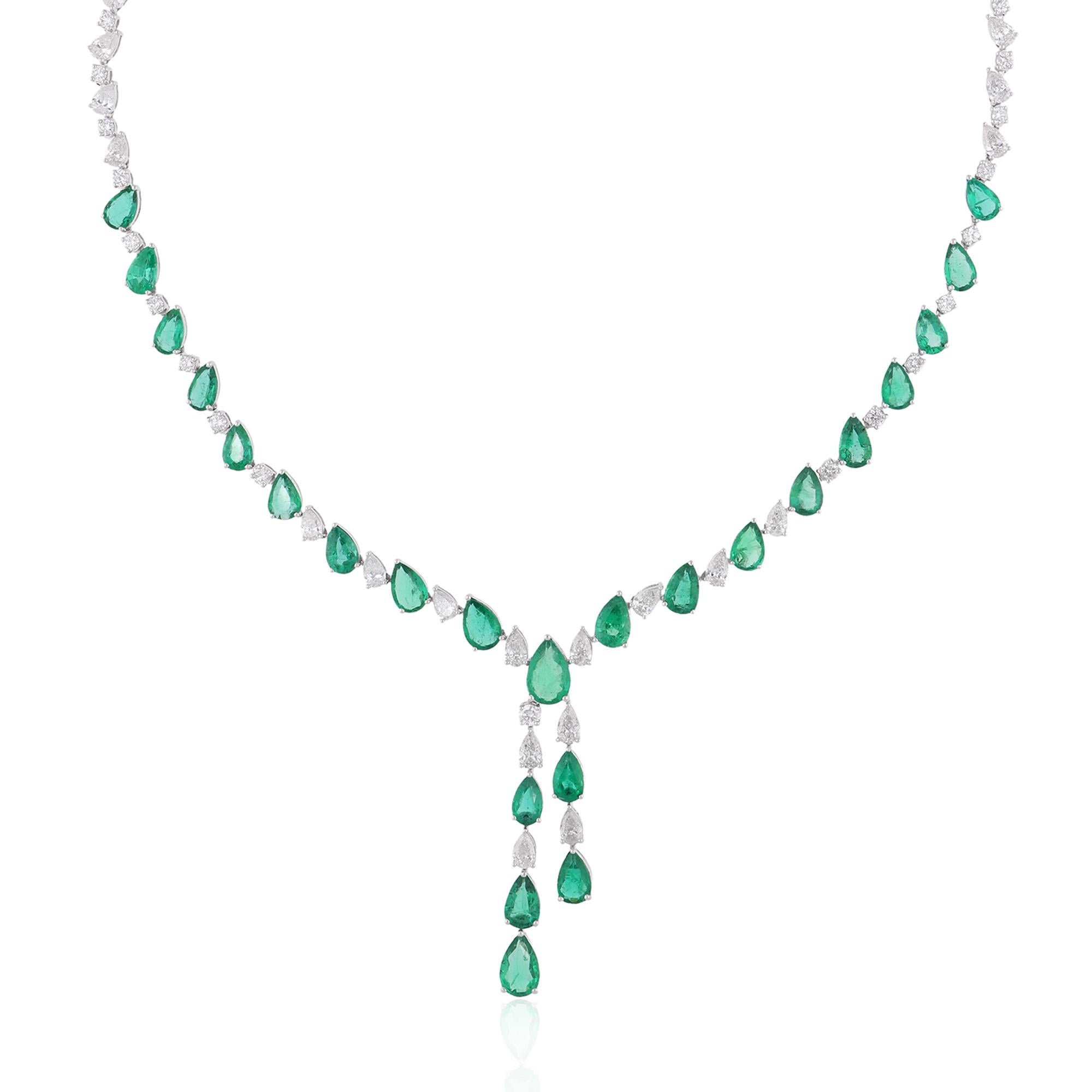 Women's Real Pear Zambian Emerald Gemstone Necklace Diamond 18 Karat White Gold Jewelry For Sale