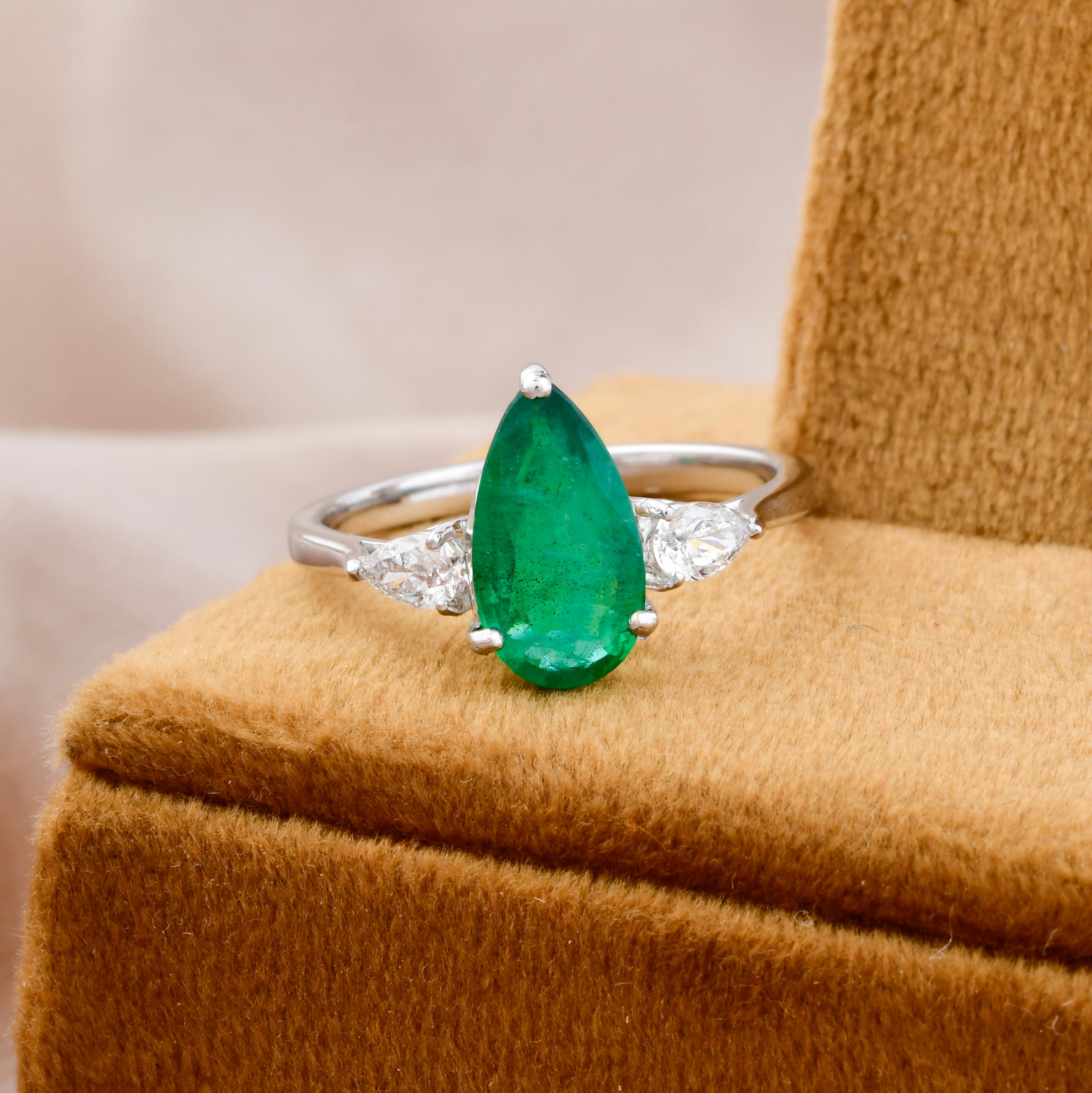 Pear Cut Real Pear Zambian Emerald Gemstone Ring Diamond 18 Karat White Gold Fine Jewelry For Sale