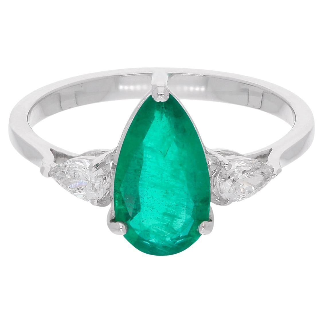 Real Pear Zambian Emerald Gemstone Ring Diamond 18 Karat White Gold Fine Jewelry