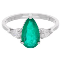 Used Real Pear Zambian Emerald Gemstone Ring Diamond 18 Karat White Gold Fine Jewelry
