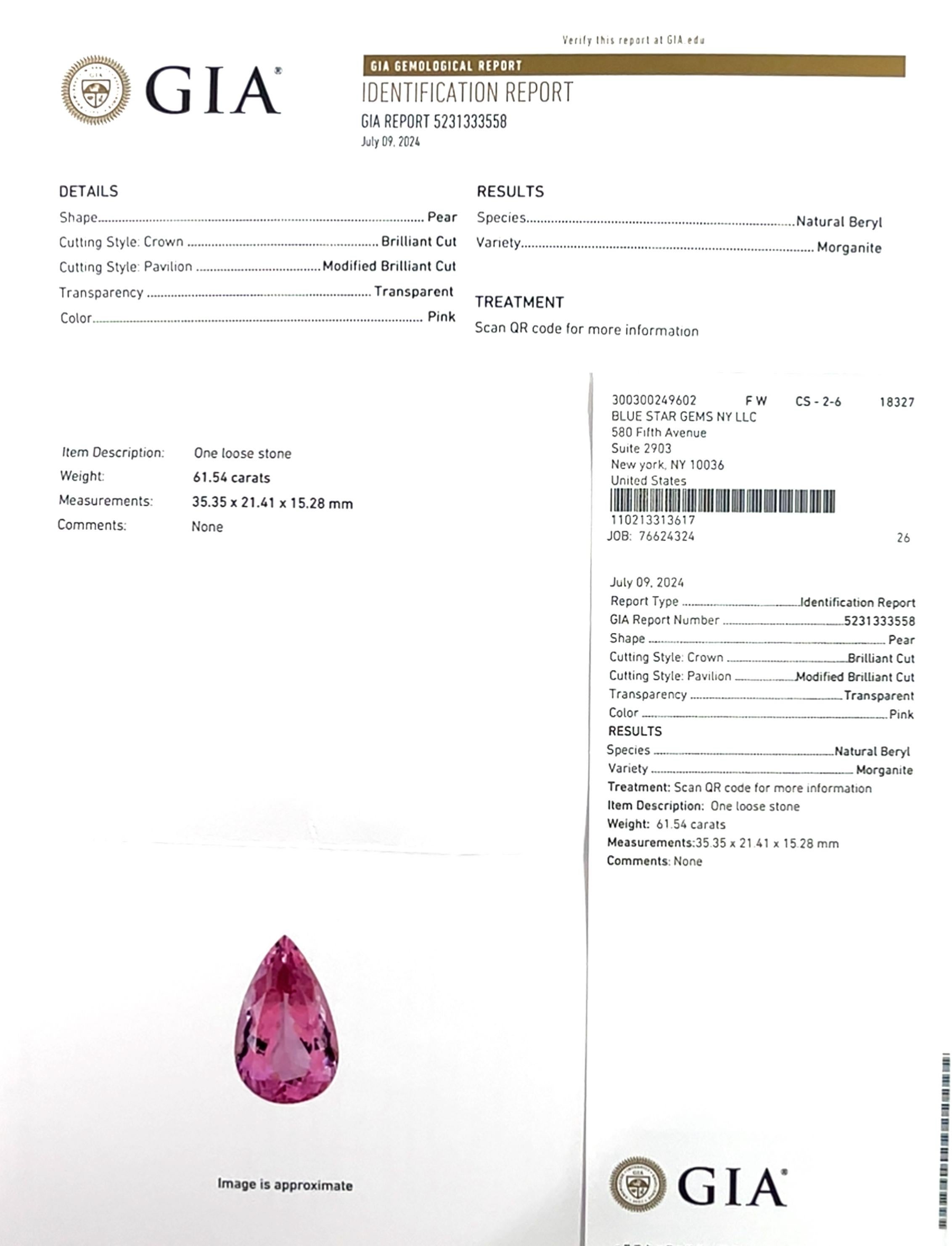 DÉTAILS DU PRODUIT..........❤️

★ Gem Type : Morganite rose naturelle
Poids : 61.54 Carats
Dimensions (Longueur x Largeur x Hauteur) : 35,35 mm de longueur x 21,41 mm de largeur x 15,28 de hauteur
★ Forme : Poire
Couleur : rose foncé
★ Clarté :