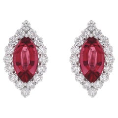 Boucles d'oreilles en or blanc 14 carats avec tourmaline rose véritable et diamants