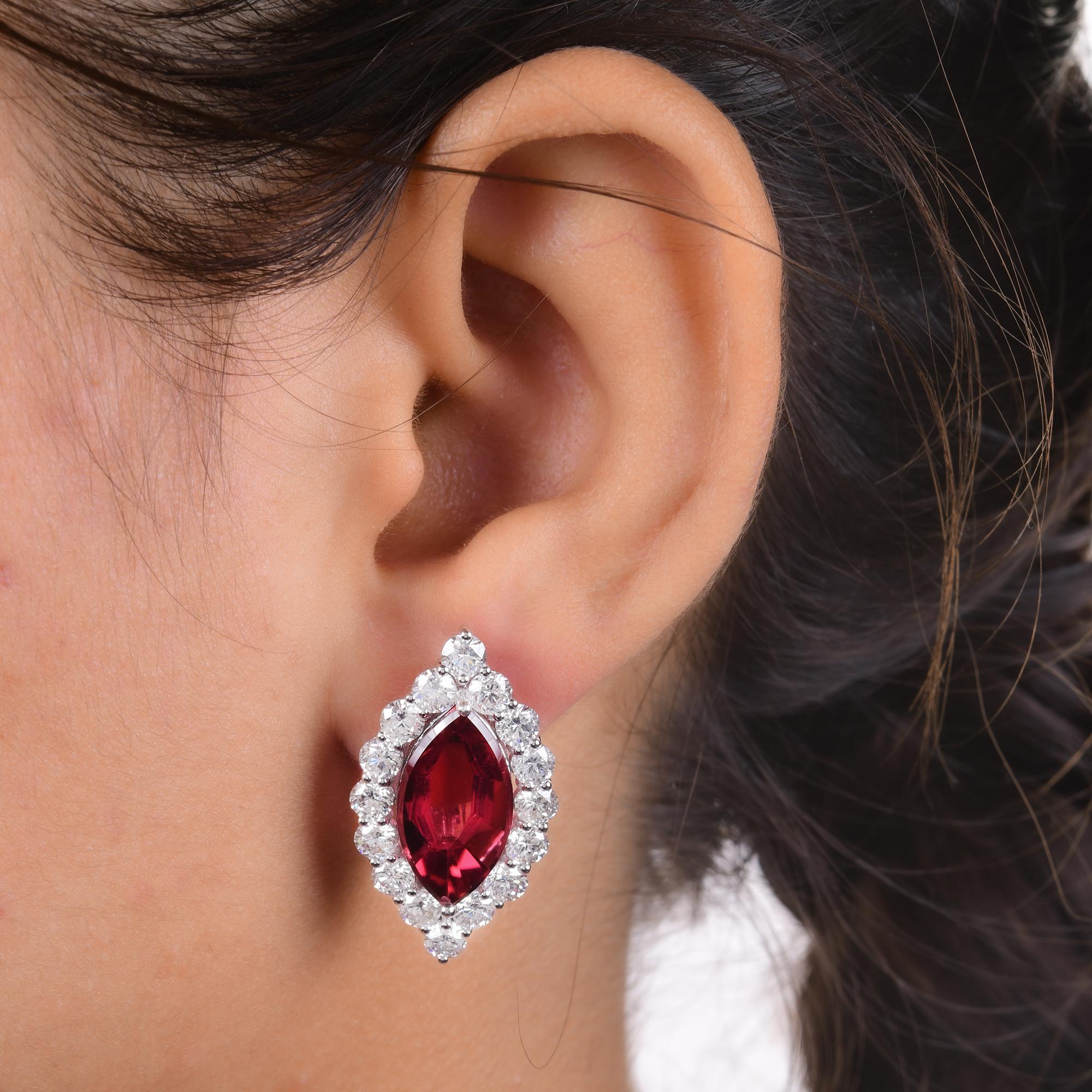 Taglio marquise Orecchini con gemma di vera tormalina rosa Diamante Oro bianco 18 carati Gioielli di pregio in vendita